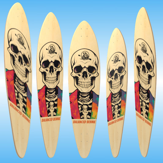Balanced Bennie Professional Longboard Pintail by Paddle Frogs Five skateboard decks with skull designs on a blue background