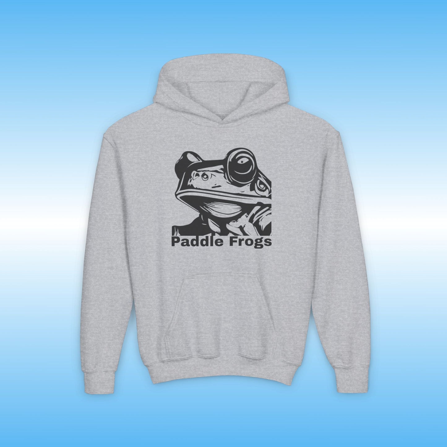 Balanced Bennie frontside Gray hoodie with a frog graphic and 'Paddle Frogs' text on a blue background