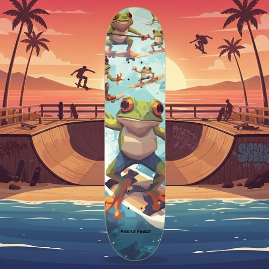 Skateboard deck with frog design at a beachside skate park