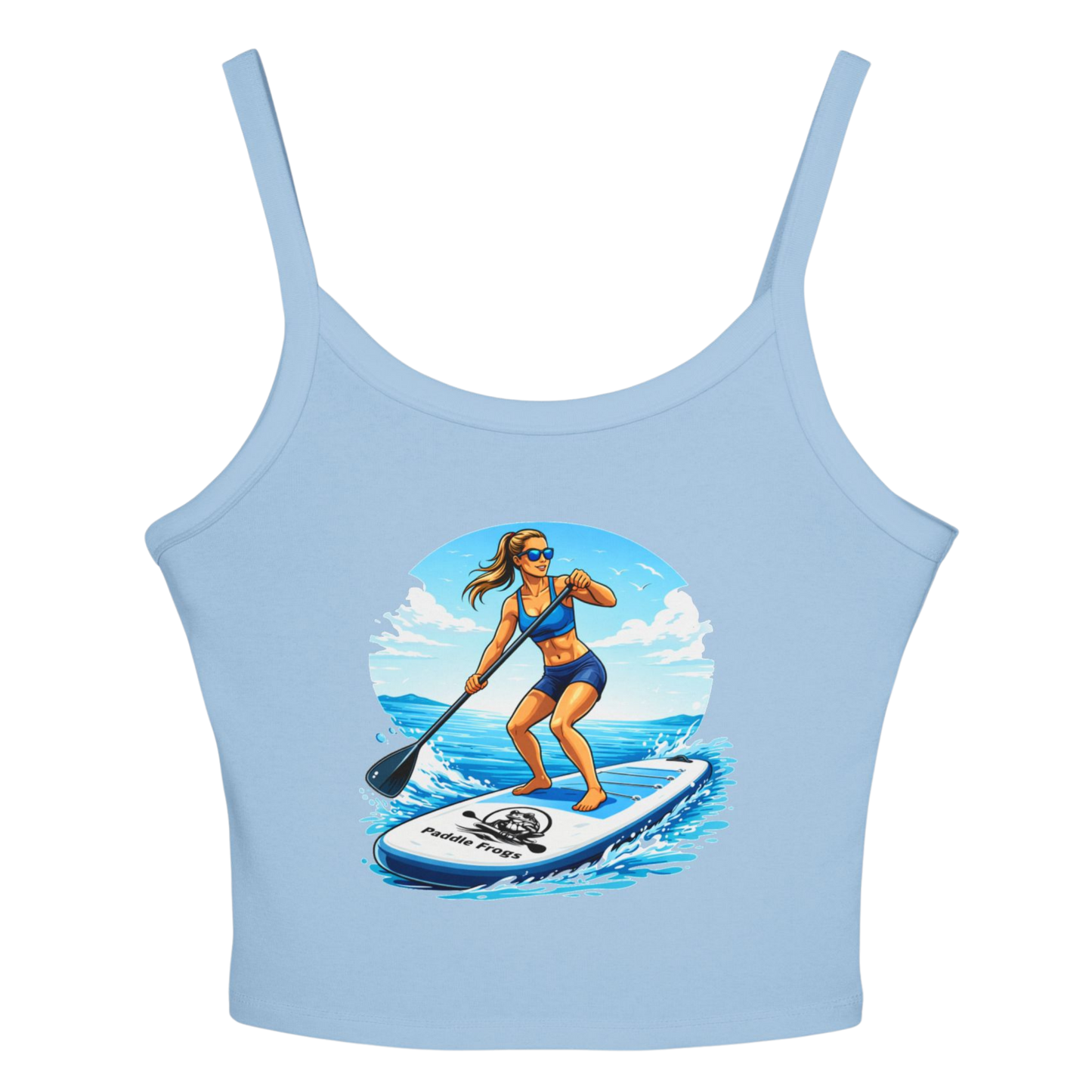 Light blue tank top with a paddleboarding design on a white background