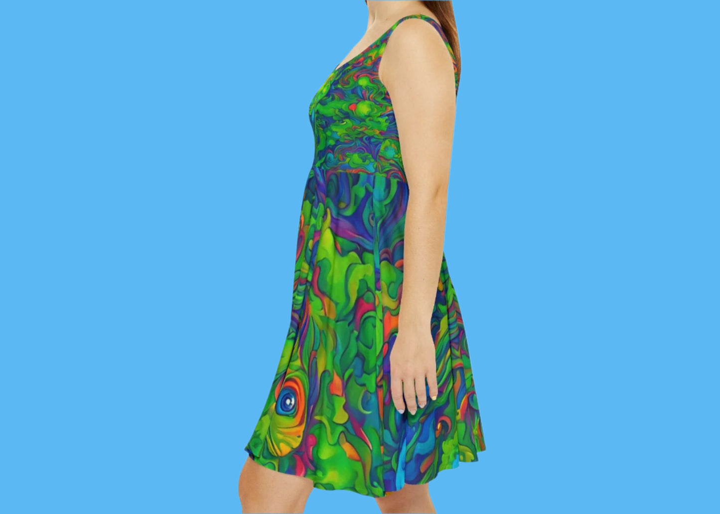 Beautiful and Fun | Trippin Over Frogs | Summer Skater Dress | by Paddle Frogs Outdoor Gear | Blue Purple Green | swirls of color made for you