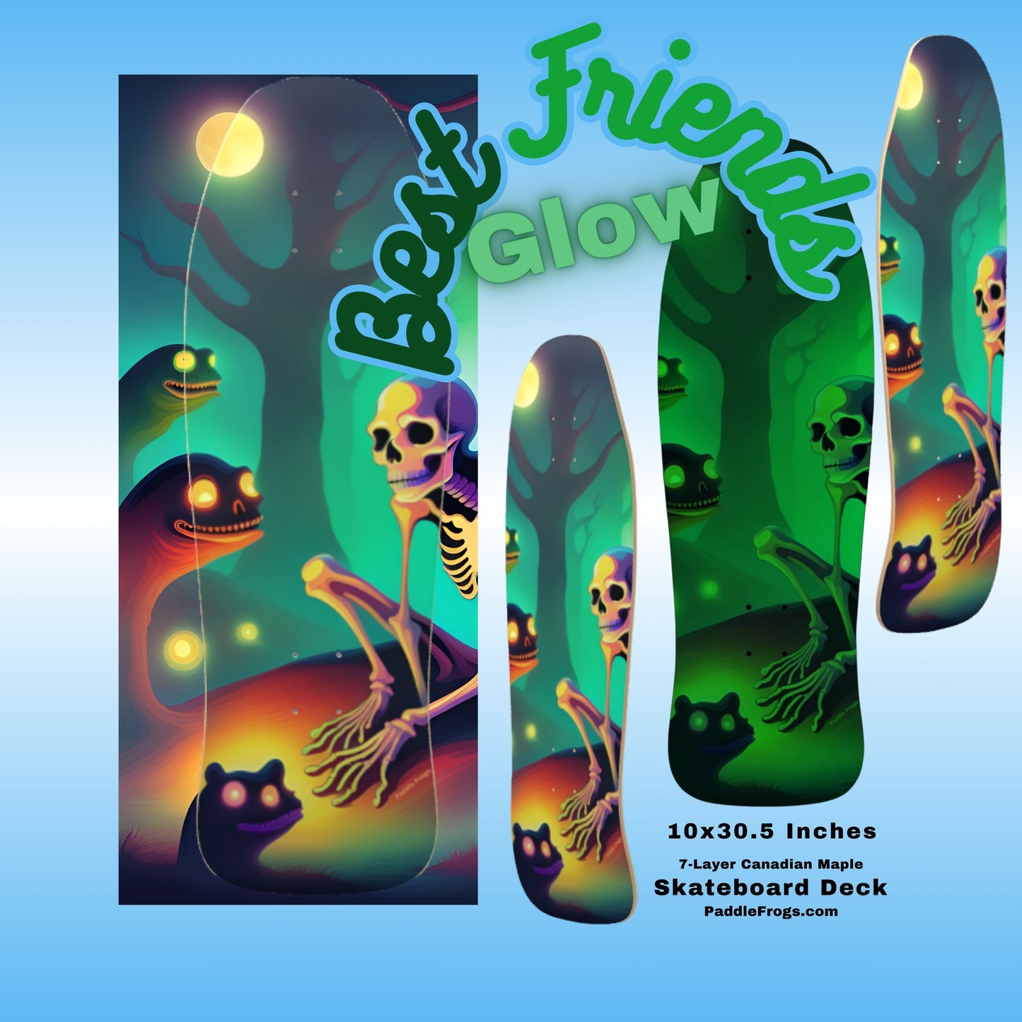 Best Friends Glow - Glow in the dark old school shredder skateboard deck by Paddle Frogs
