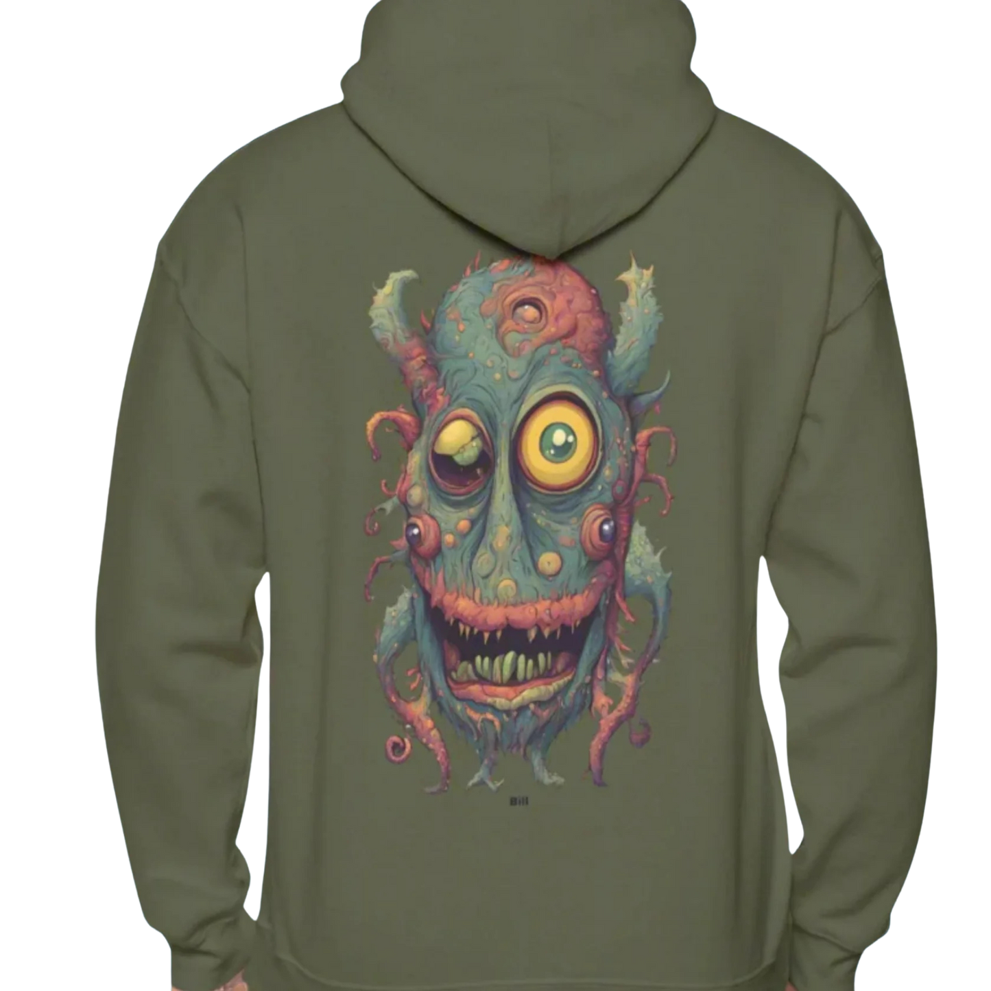 Bill | Hooded Jacket | Paddle Frogs™ Military Green hoodie with a colorful monster design on the back against a white background