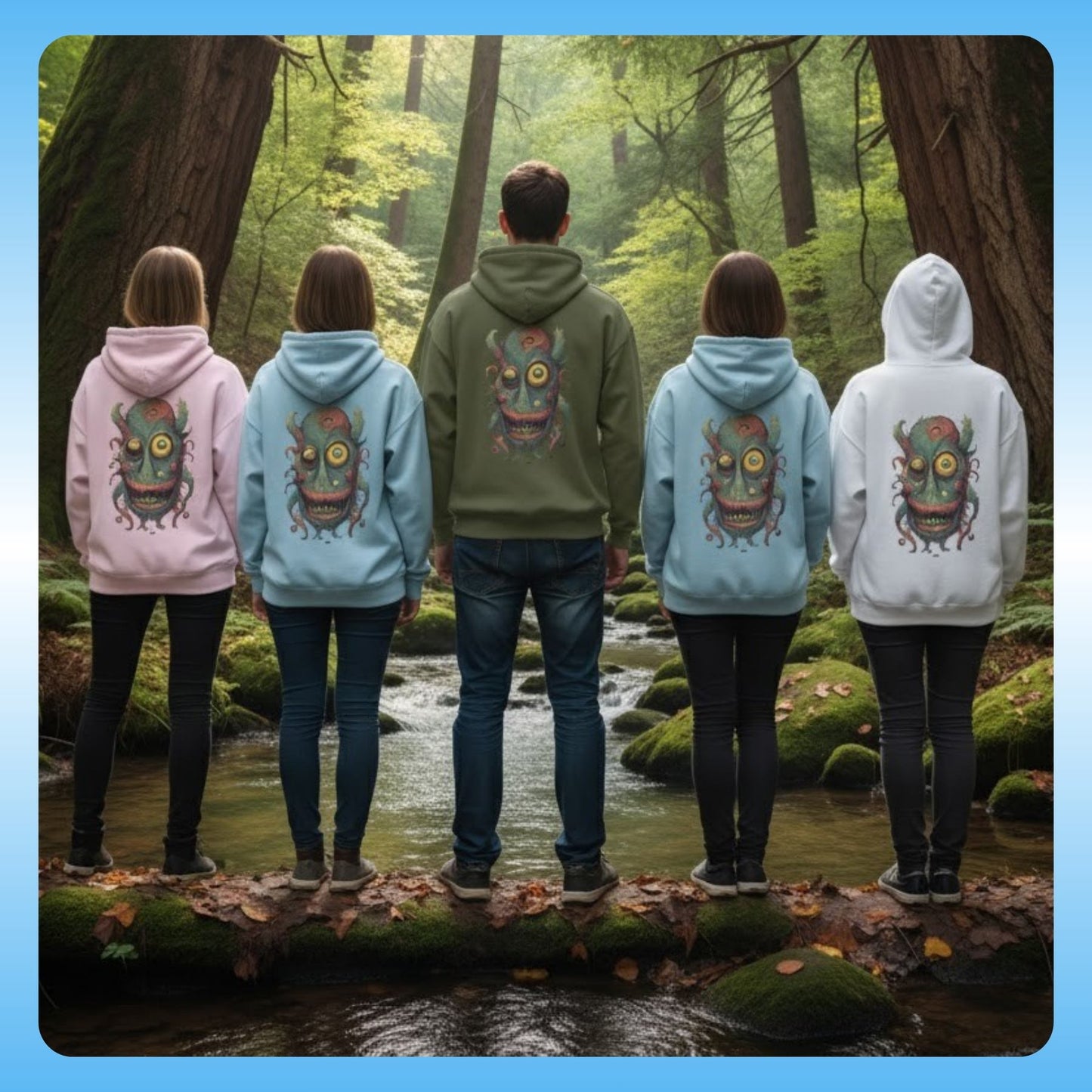 Bill | Hooded Jacket | Paddle Frogs™ Military Green, white, light blue, light pink at the springs stream