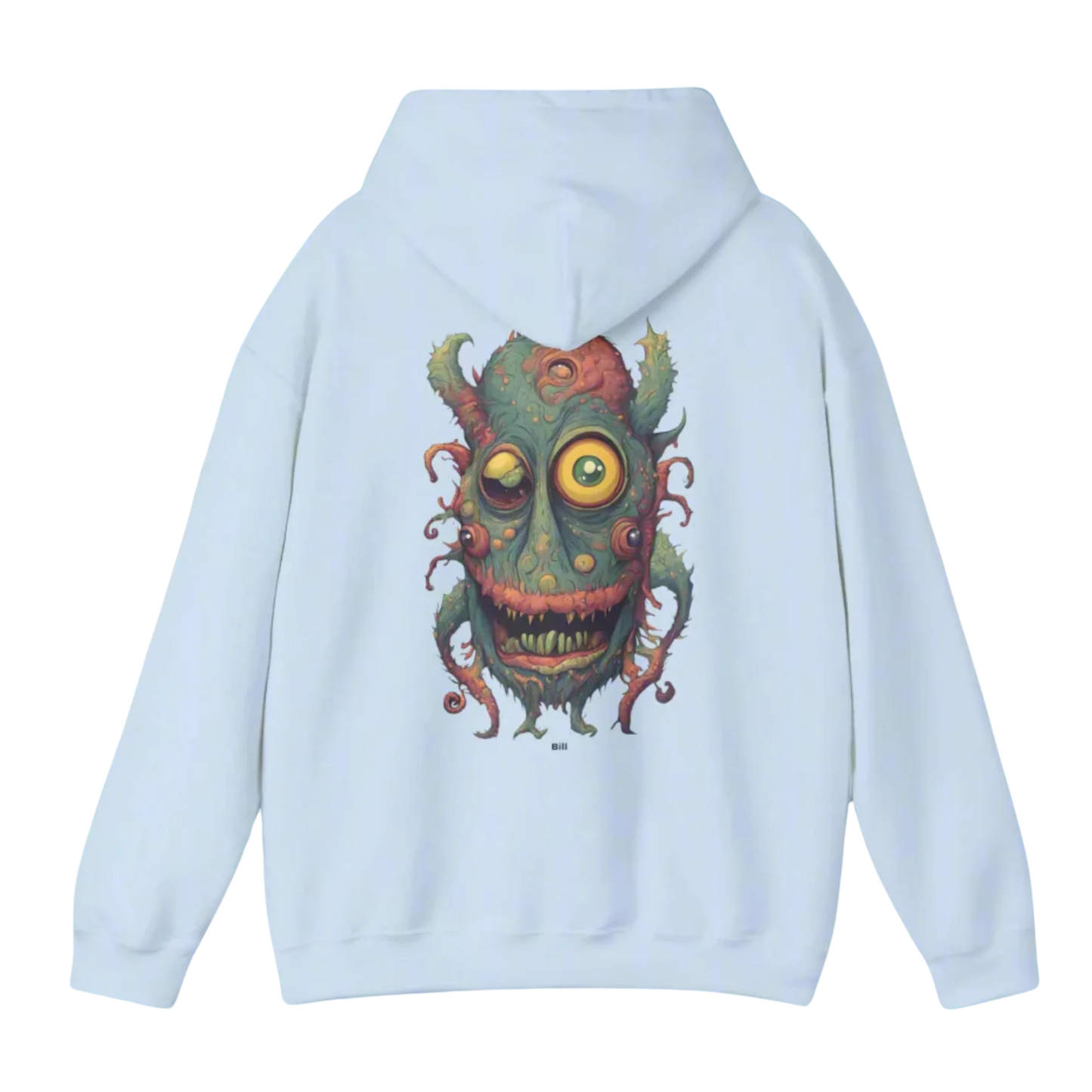 Bill | Hooded Jacket | Paddle Frogs™ light blue Light blue hoodie with a green monster graphic on the back against a white background