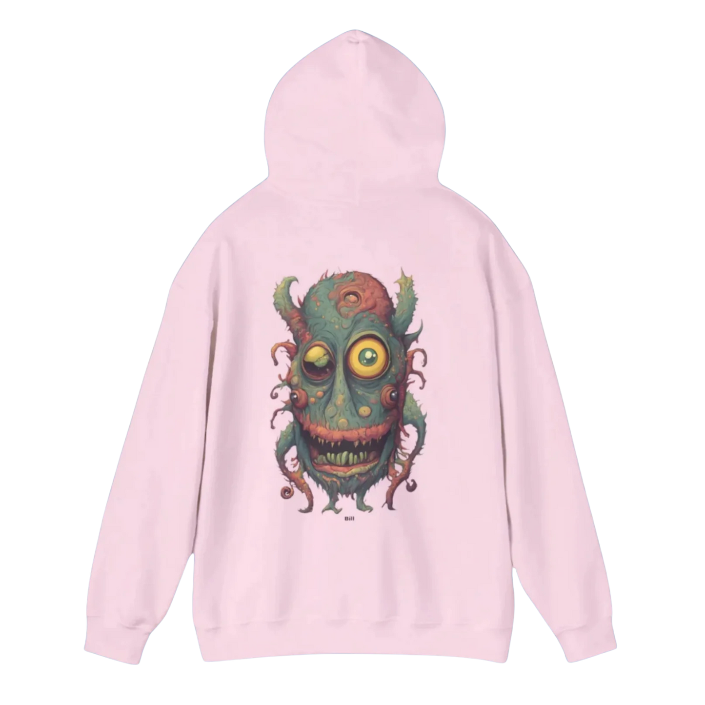 Bill | Hooded Jacket | Paddle Frogs™ light Pink hoodie with a colorful monster design on the back against a white background