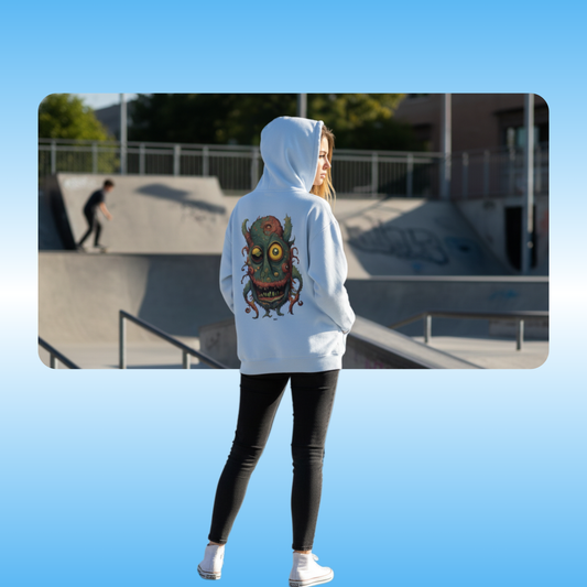 Bill | Hooded Jacket | Paddle Frogs™ model showcasing the backside of the light blue hoodie at a skatepark | Person wearing a light blue hoodie with a colorful design at a skate park