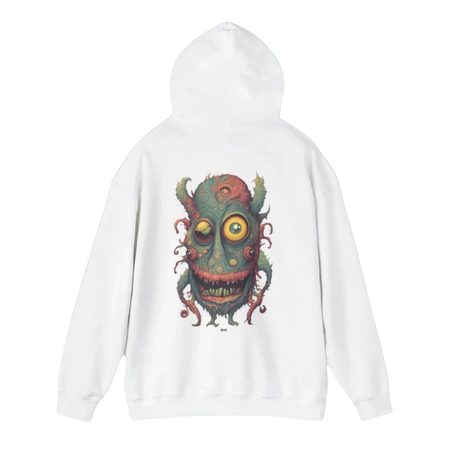 Bill | Hooded Jacket | Paddle Frogs™ White hoodie with a colorful monster graphic on a white background