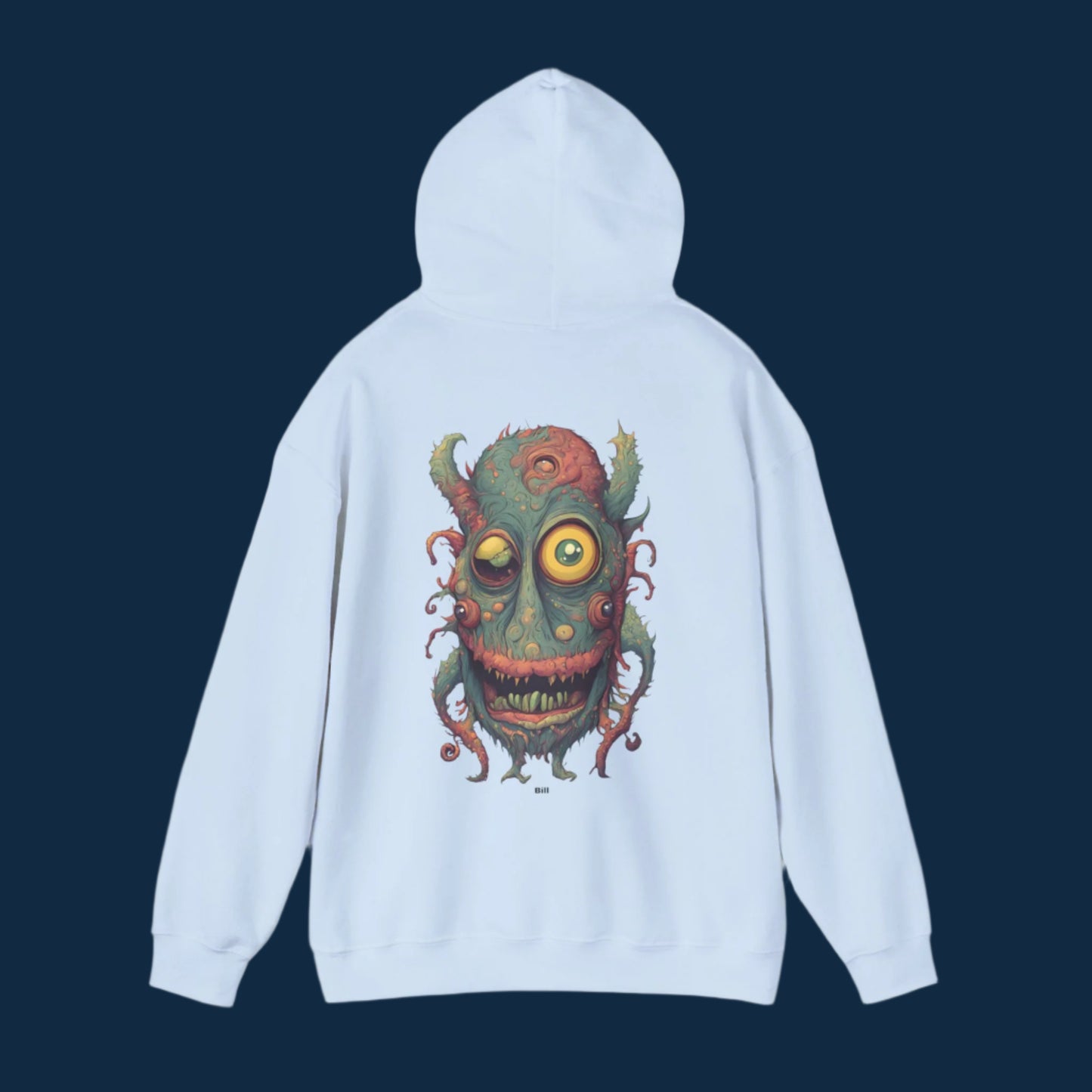 Bill Light blue hoodie with Paddle Frogs Log design on the front, Bill on the back