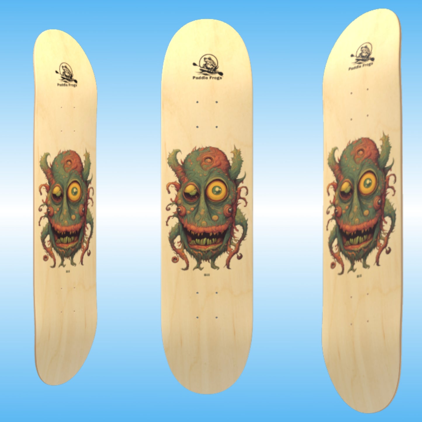 Bill | Professional skateboard deck by Paddle Frogs 3 angles | Beautiful Bill