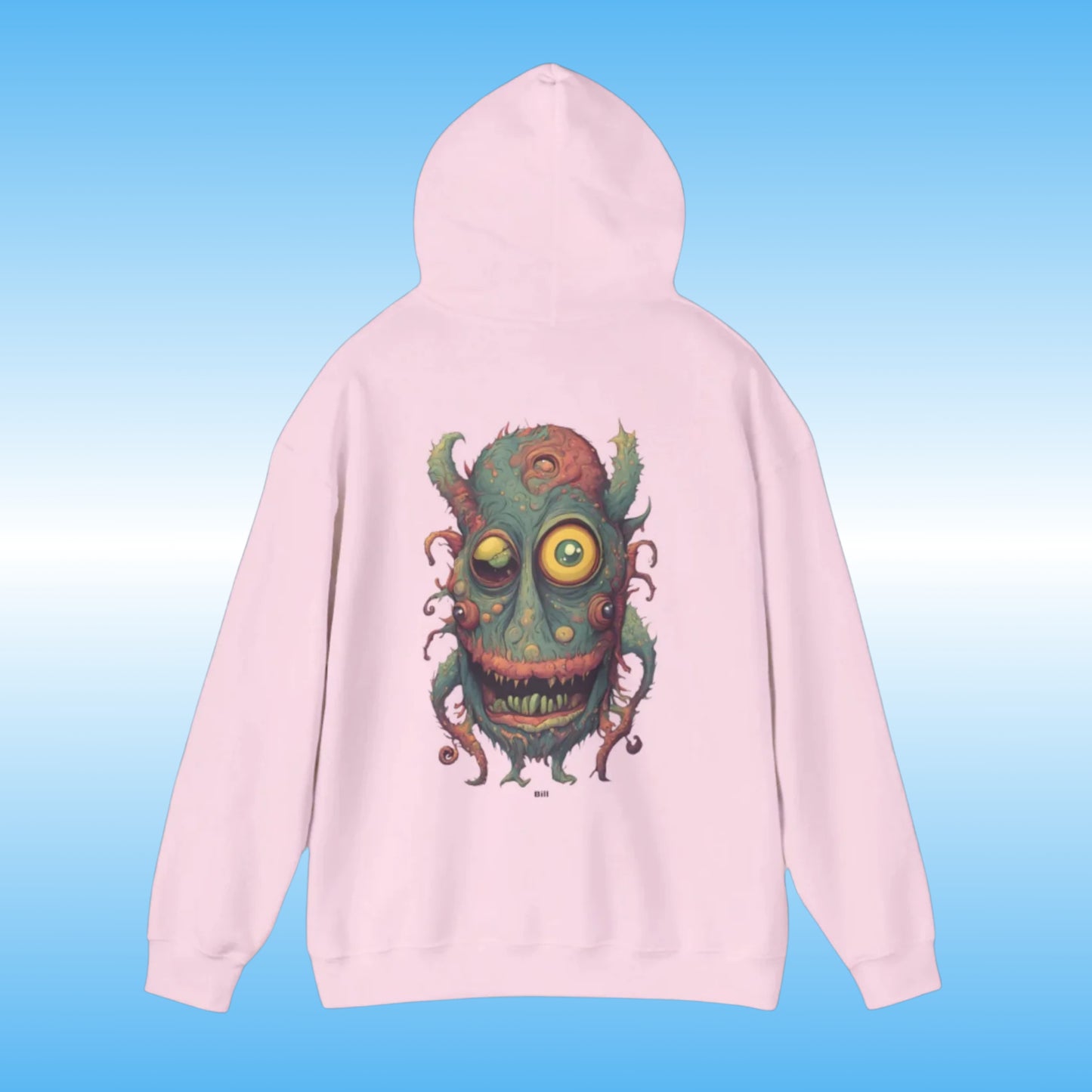 Bill – The Hoodie with Purpose light Pink backside with bill the creature character from Paddle Frogs logo