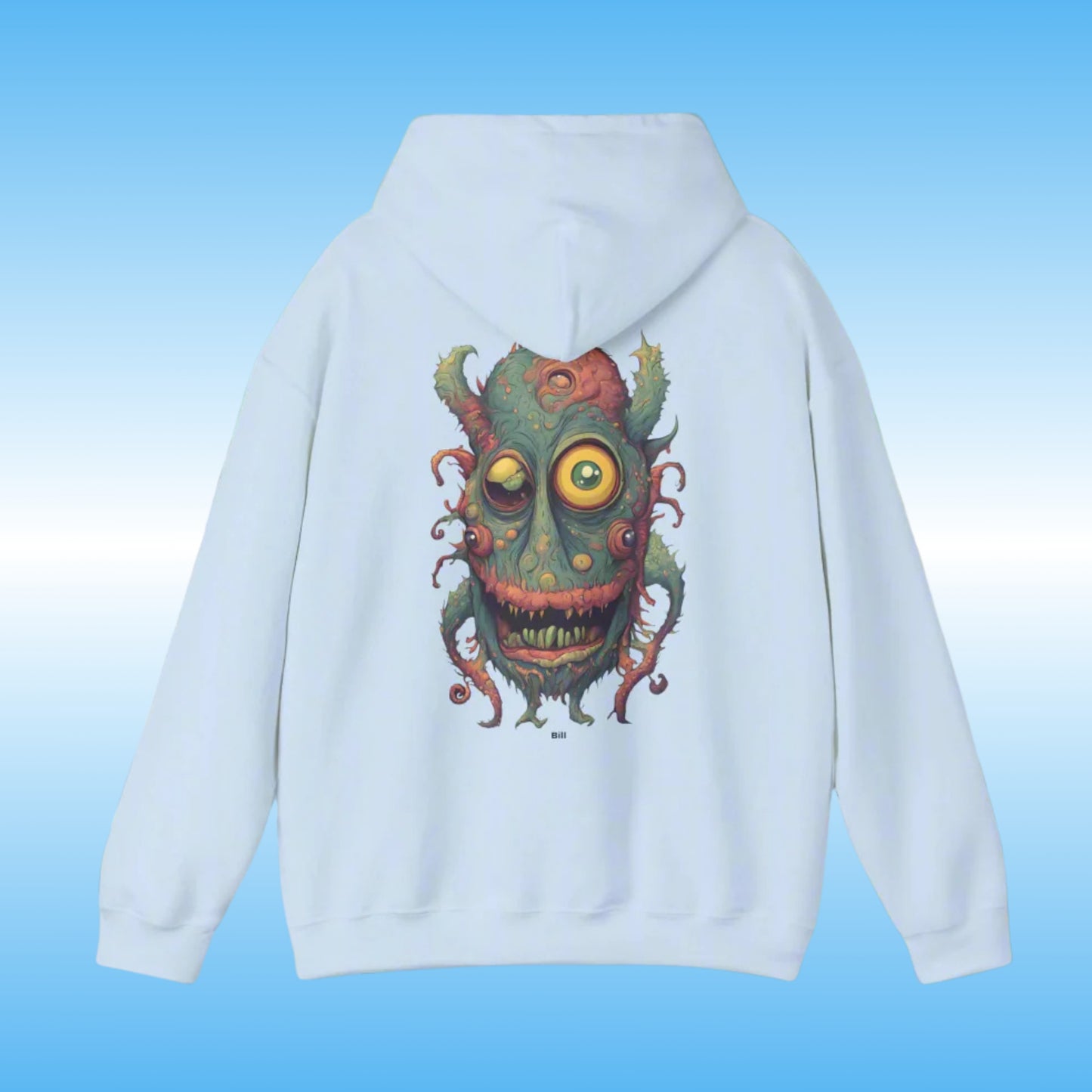 Bill – The Hoodie with Purpose light blue backside with bill the creature character from Paddle Frogs logo