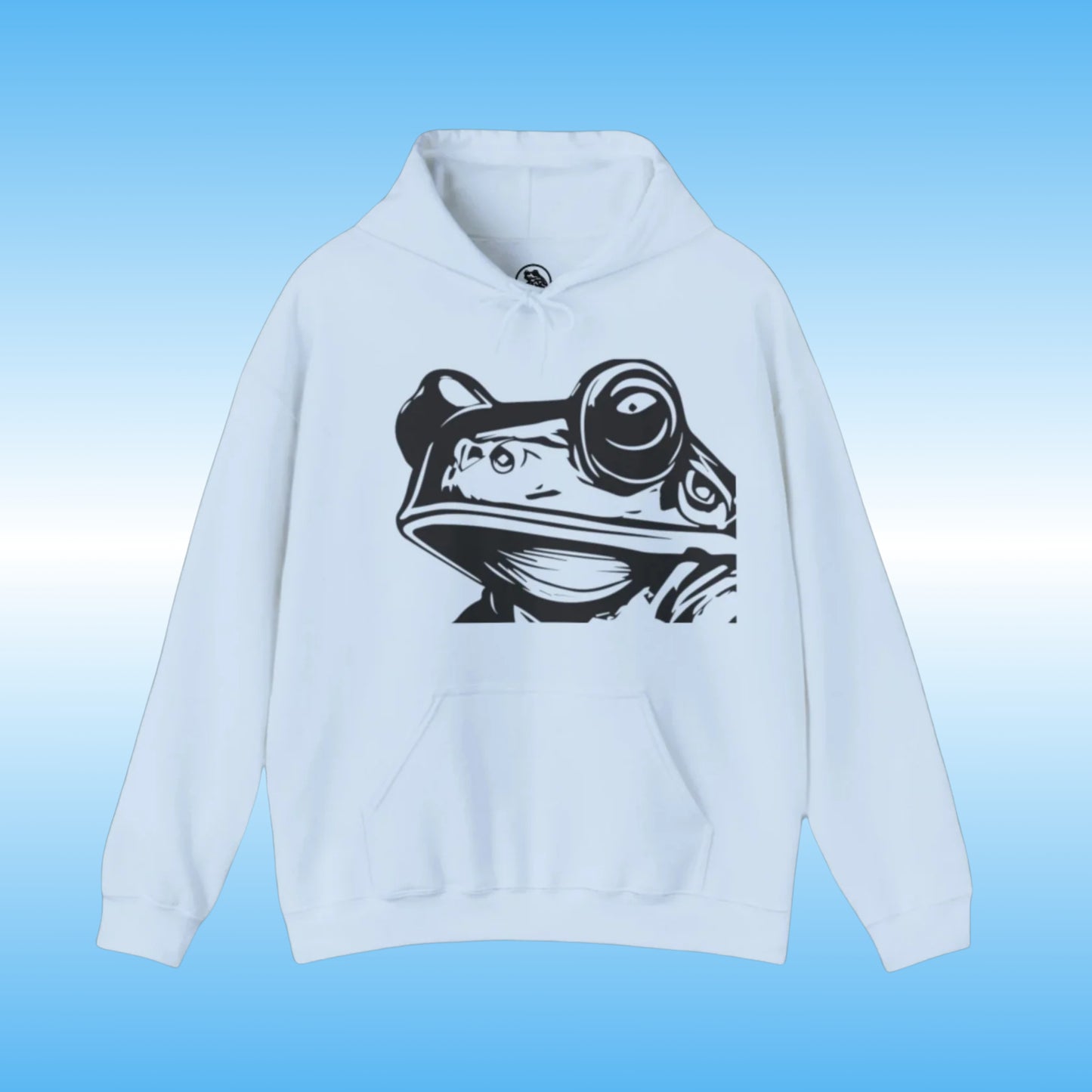 Bill – The Hoodie with Purpose light blue front frog face logo