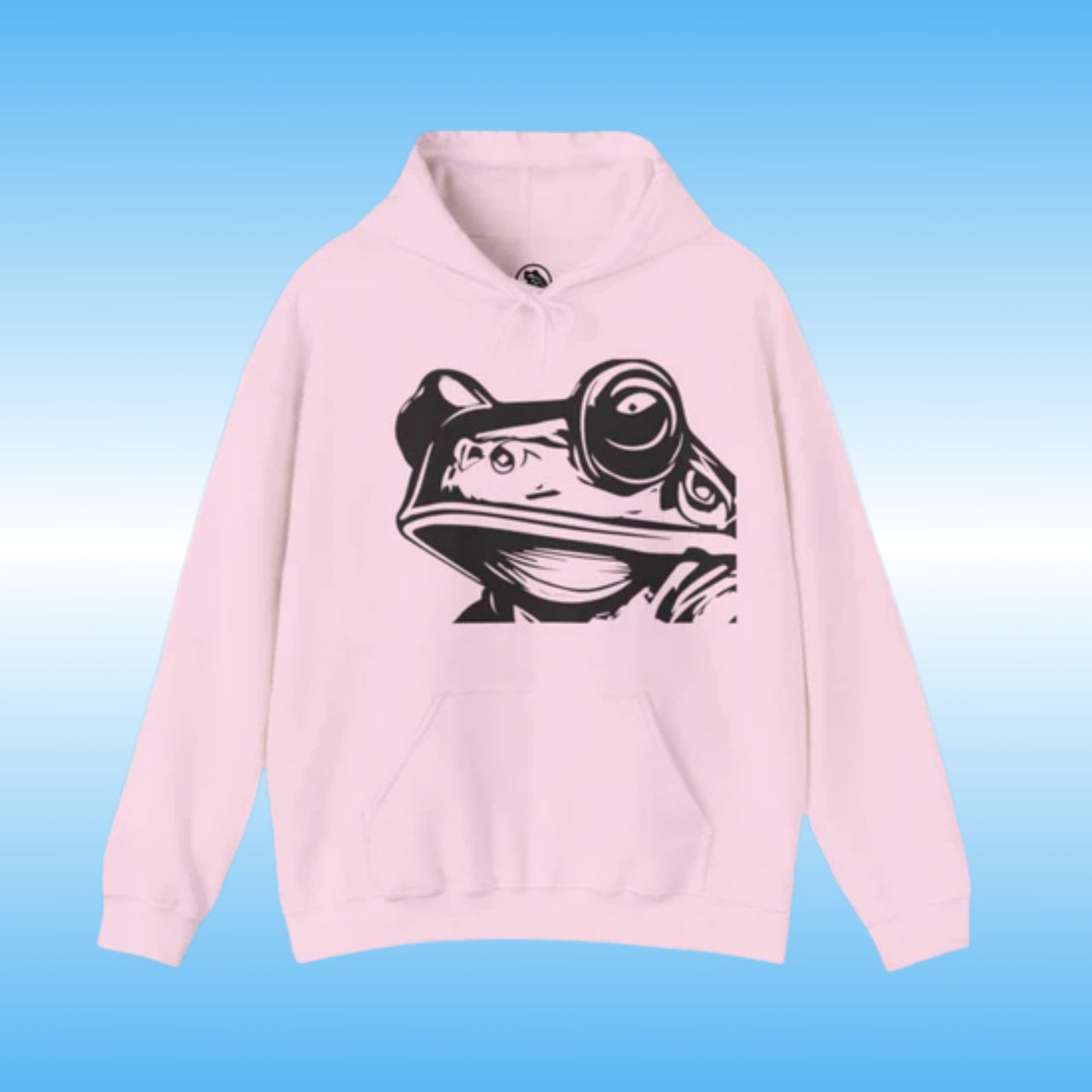 Bill – The Hoodie with Purpose pink frontside with bill the creature character from Paddle Frogs logo