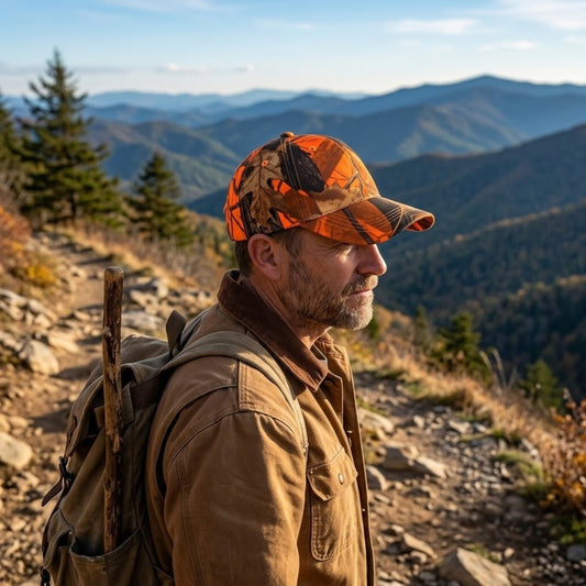 A man hiking on a mountain trail wearing an orange and brown camouflage baseball cap, a brown jacket, and a backpack, with layered blue mountain ranges in the background.
