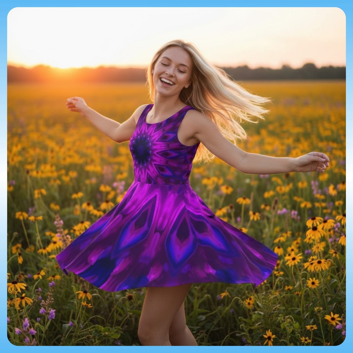 Woman in a purple dress dancing in a field of flowers at sunset | Blonde dancing in The Violet Bloom Boarder- dancing in wildflowers