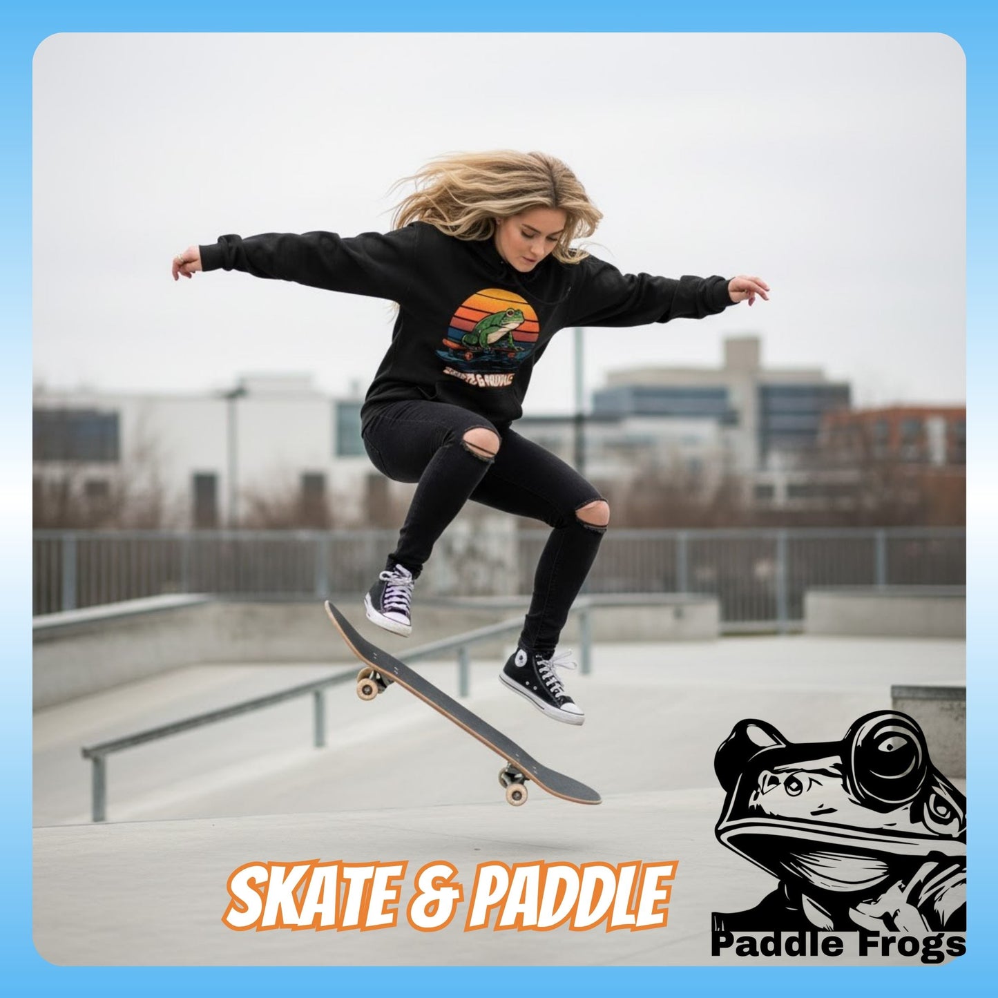 Blonde lady Skateboarding | Paddle Frogs™ Skate & Paddle Hoodie | Poetic Balance Black Retro - Person skateboarding at a park