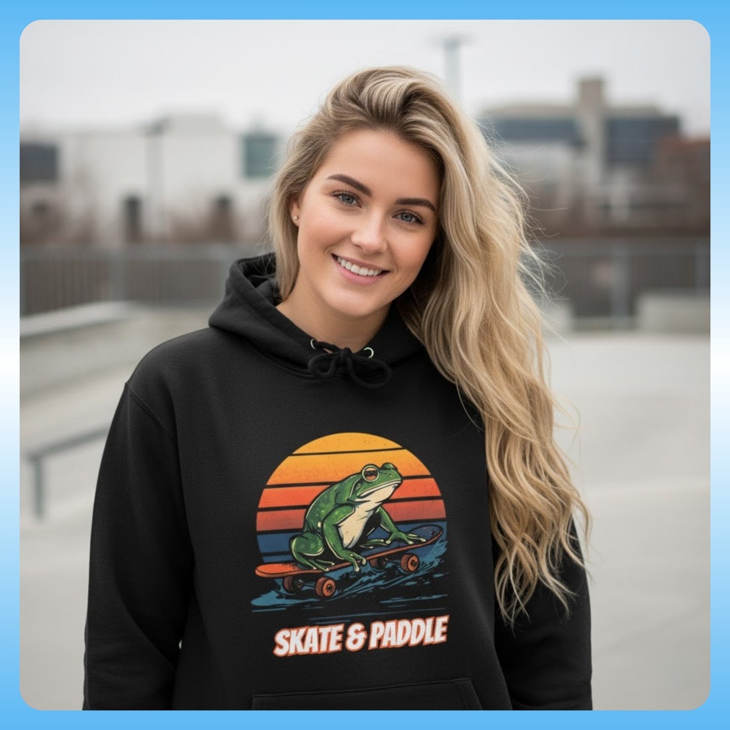 Blonde lady posing but not a poser Skateboarding | Paddle Frogs™ Skate & Paddle Hoodie | Poetic Balance Black Retro