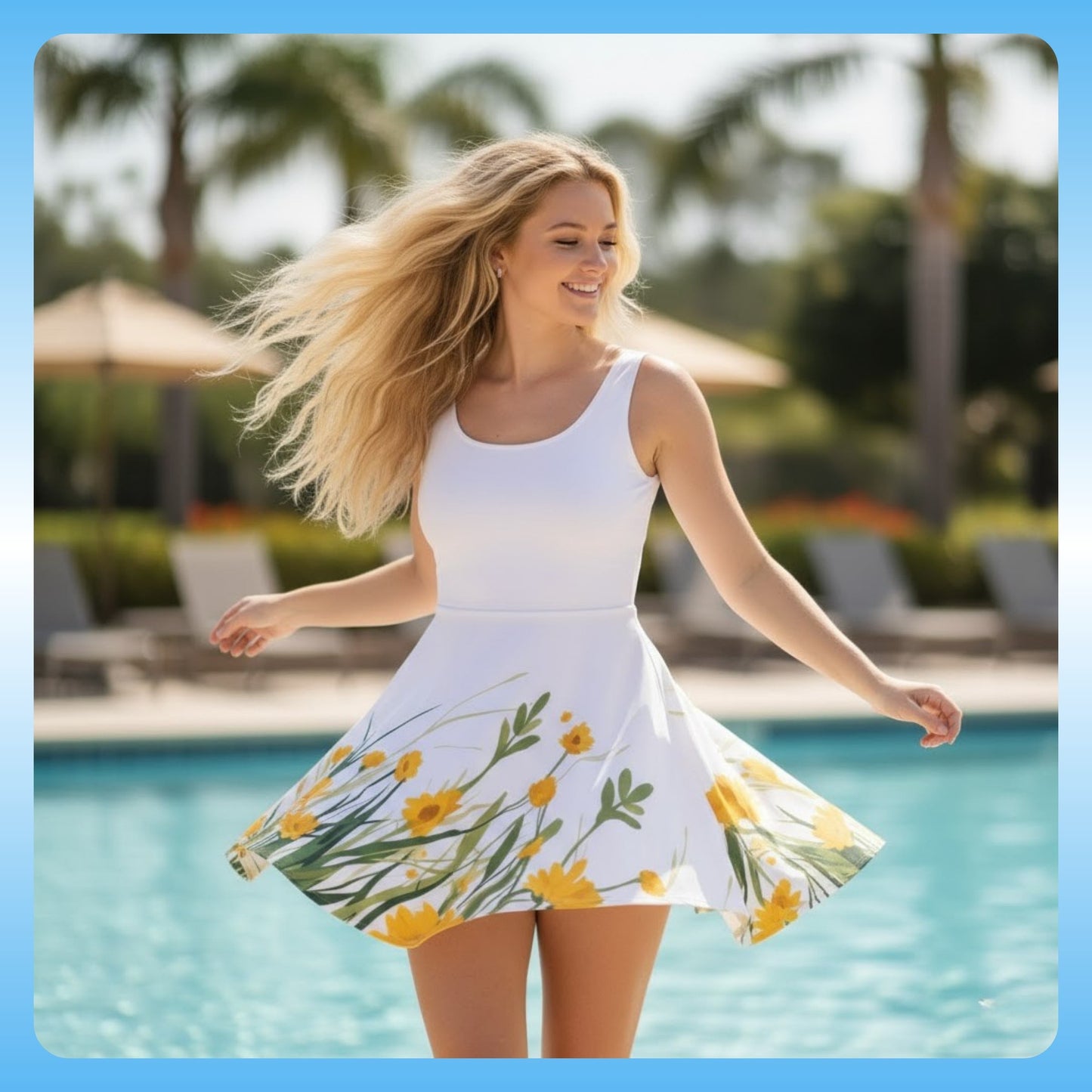 Blonde wearing The Wild Nectar Longboard Dress Paddle Frogs Outdoor Gear Skate & Paddle | Woman in a white dress with floral pattern by a poolside