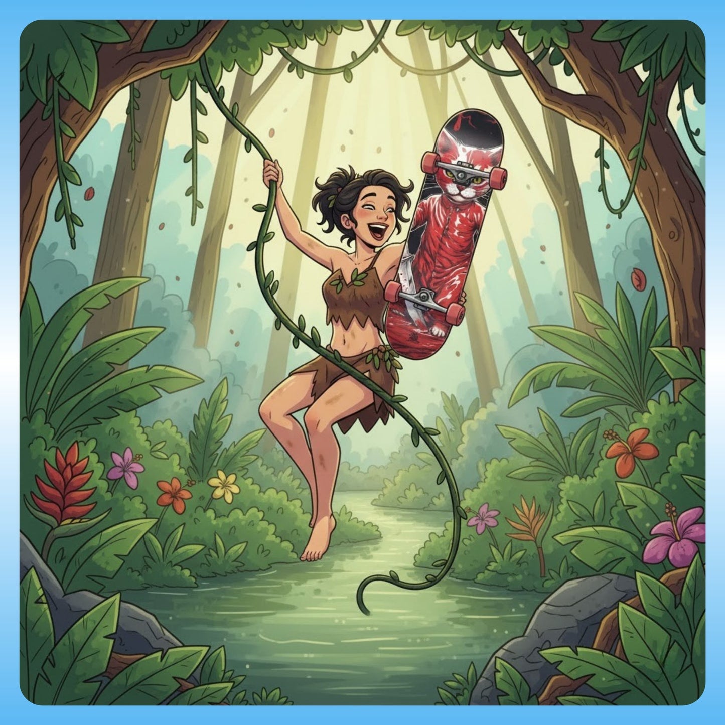 Bloody Kitty 8.25 Skateboard Deck | Paddle Frogs™ Cartoon jungle lady swings from the vine