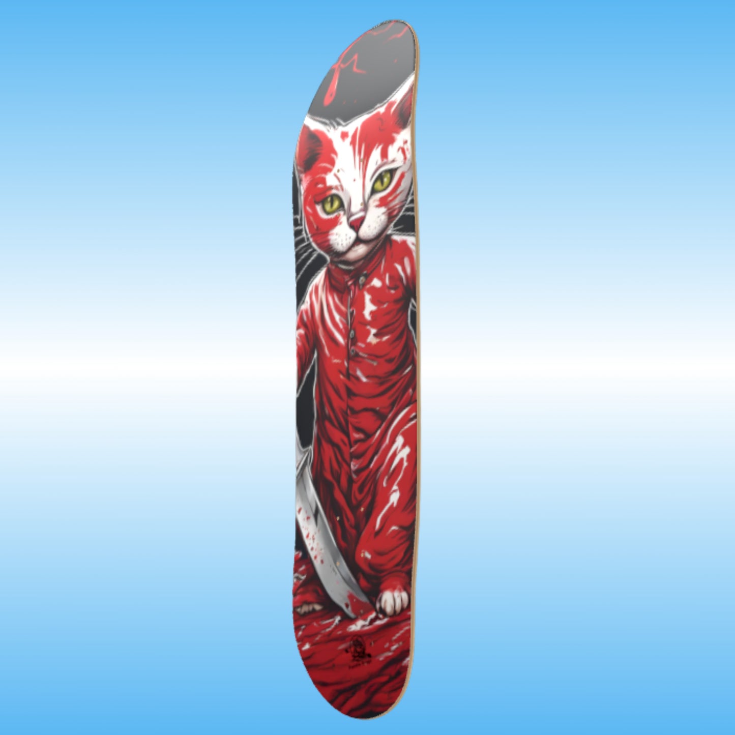 Bloody Kitty | Professional Skateboard Deck | Paddle Frogs | one 1 Angles of the Skate Deck Skateboard deck with a red and black cat design on a blue gradient background