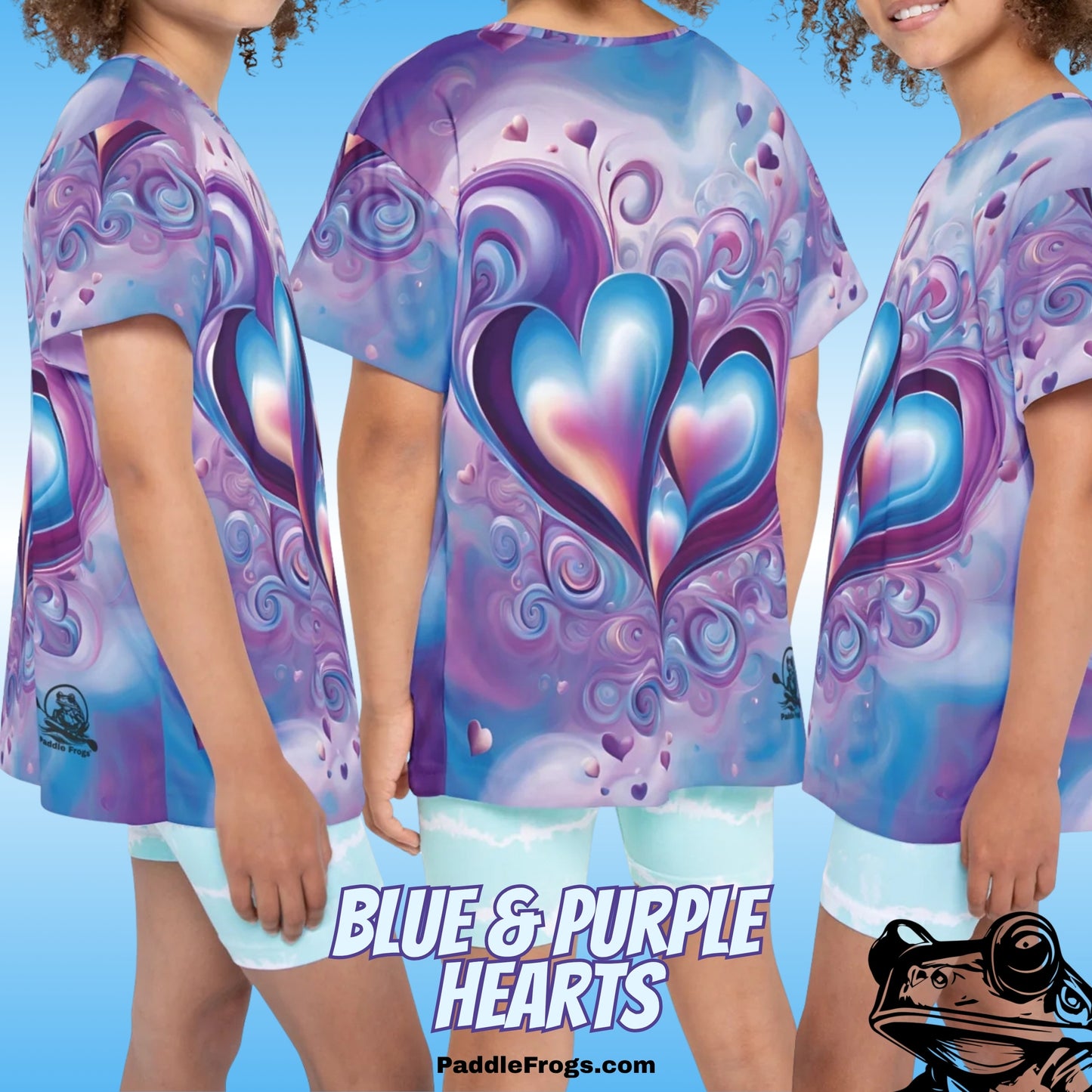 Blue and Purple Hearts 3 three angles Love Paddle Frogs Kids T-Shirt Children wearing t-shirts with blue and purple heart designs on a blue background.
