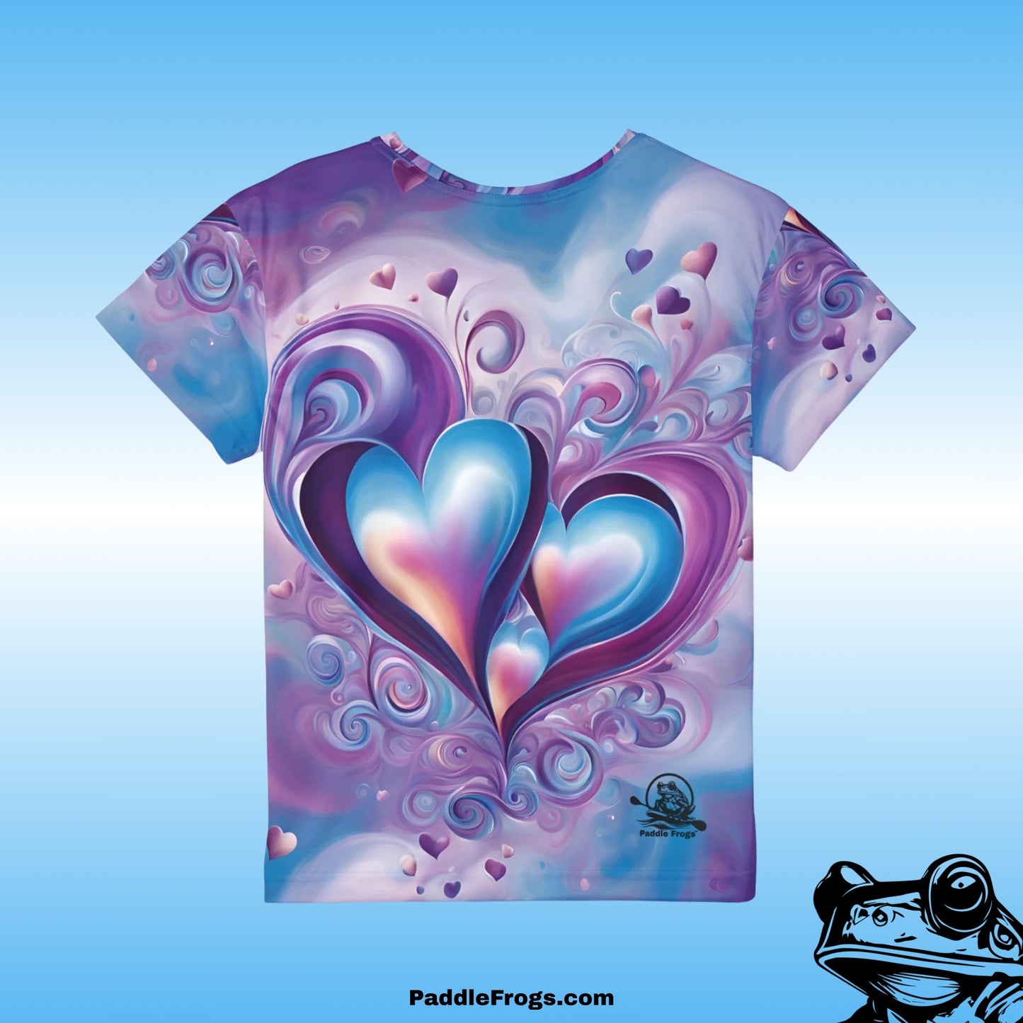 Blue and Purple Hearts Backside of shirt Love Paddle Frogs Kids T-Shirt