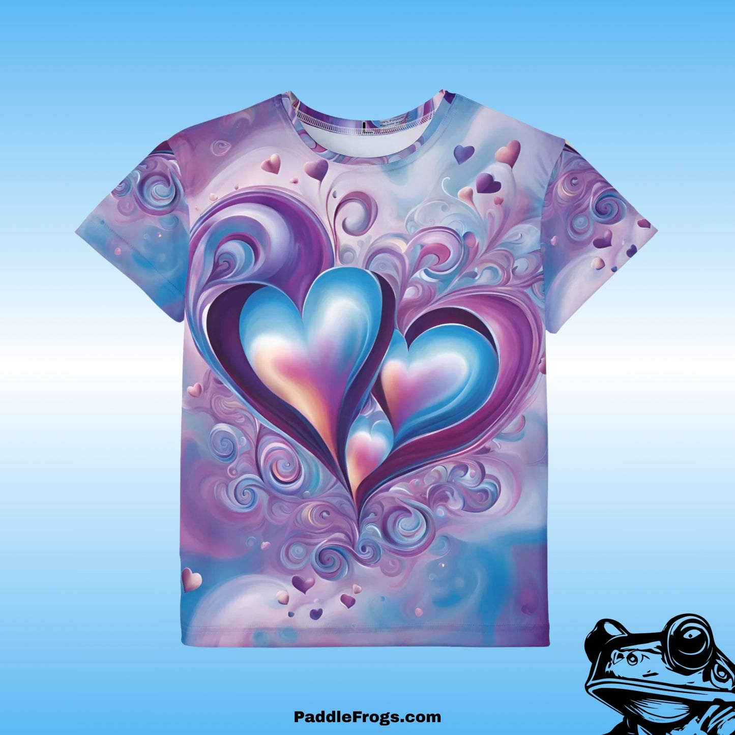 Blue and Purple Hearts Frontside of shirt Love Paddle Frogs Kids T-Shirt T-shirt with a colorful heart design on a blue background