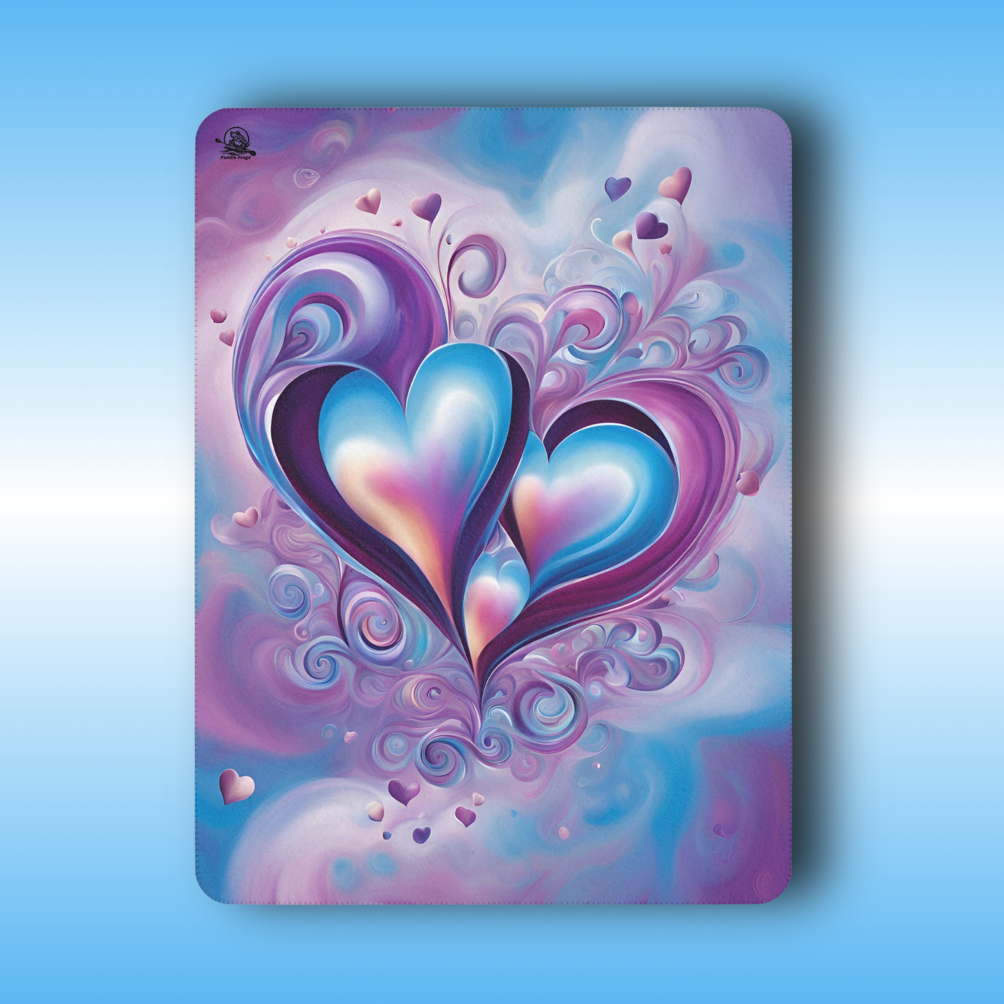 Blue and Purple Hearts Sherpa Blankets | Soft, Warm, Cozy | Paddle Frogs | Full Front View | Colorful heart design on a blue background