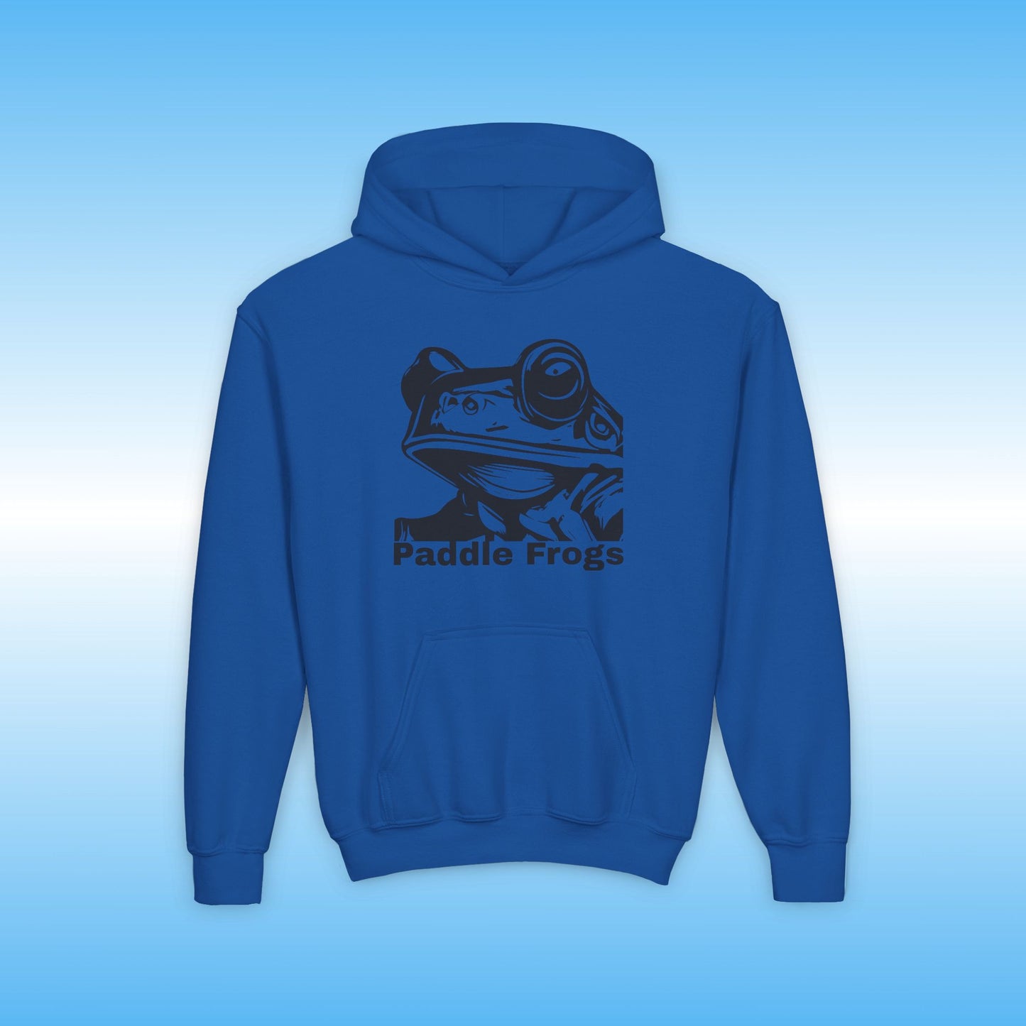 Blue hoodie with a frog graphic and 'Paddle Frogs' text on a blue background the frontside of Balanced Bennie's youth hooded coat