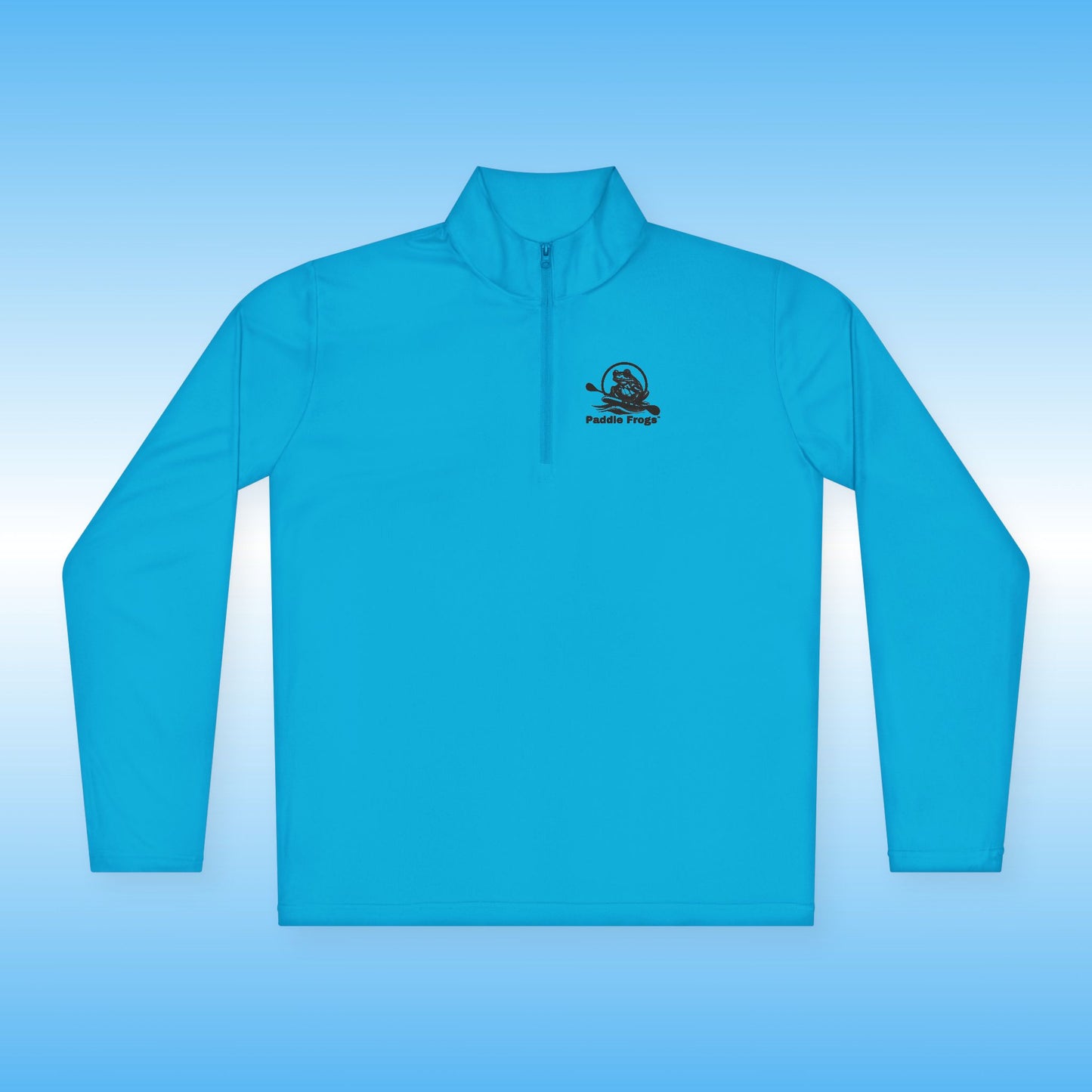 Blue long-sleeve shirt with the Paddle Frogs logo on a light blue background