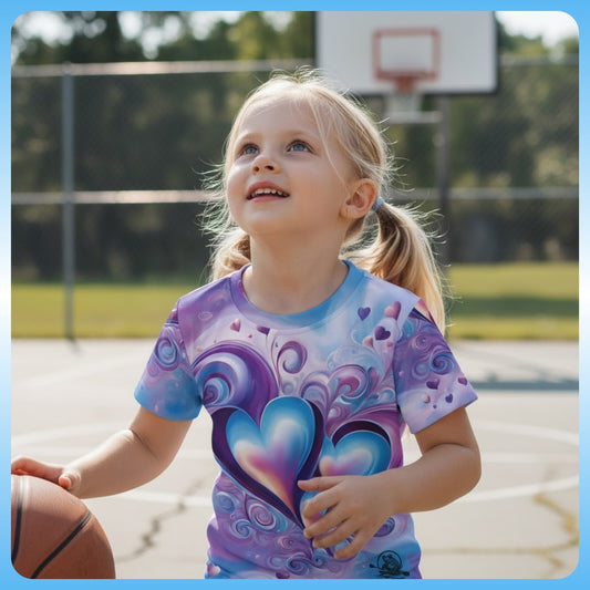 Blue n' Purple Hearts | Kids Sports Shirt girl playing basketball