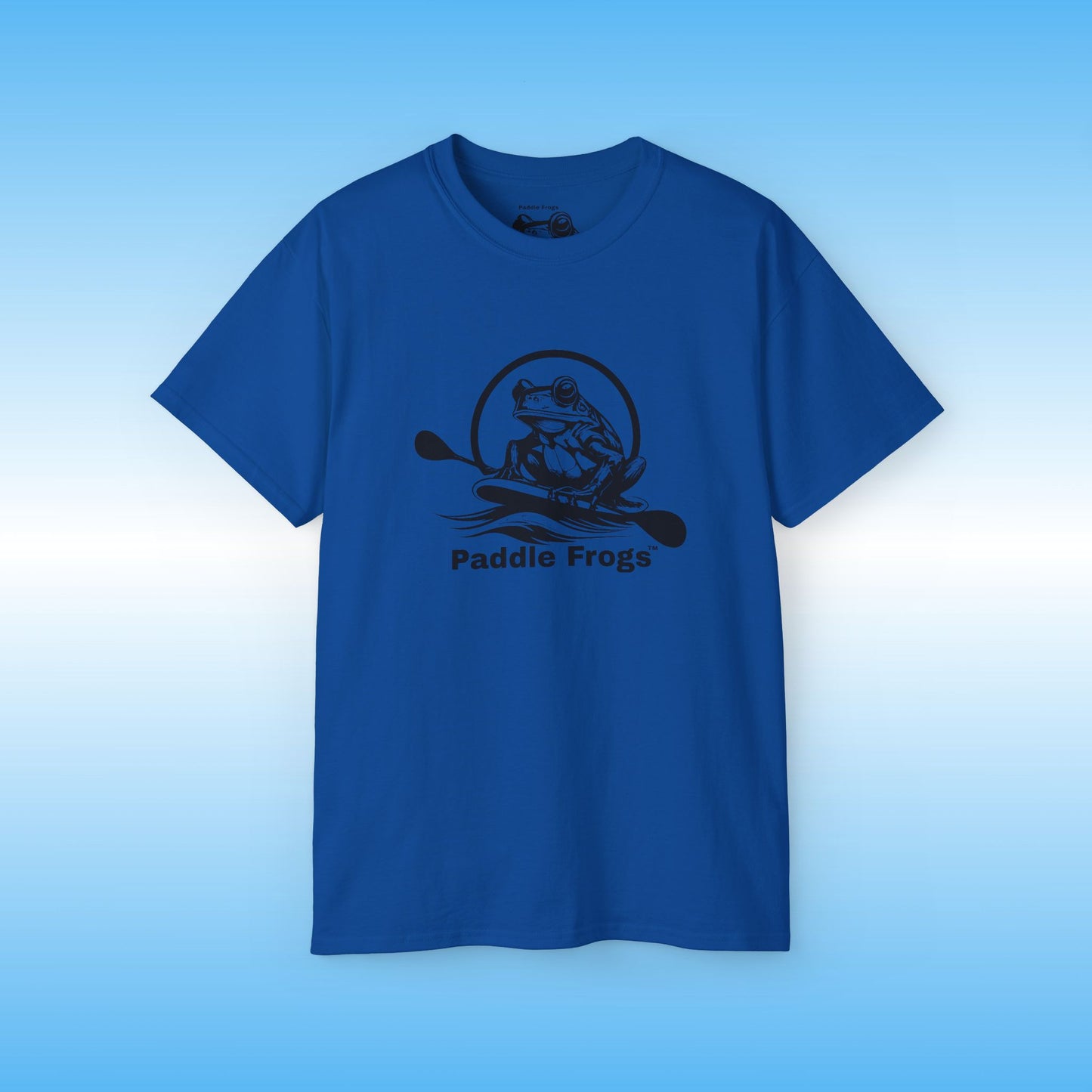Blue t-shirt with 'Paddle Frogs' graphic on a blue background