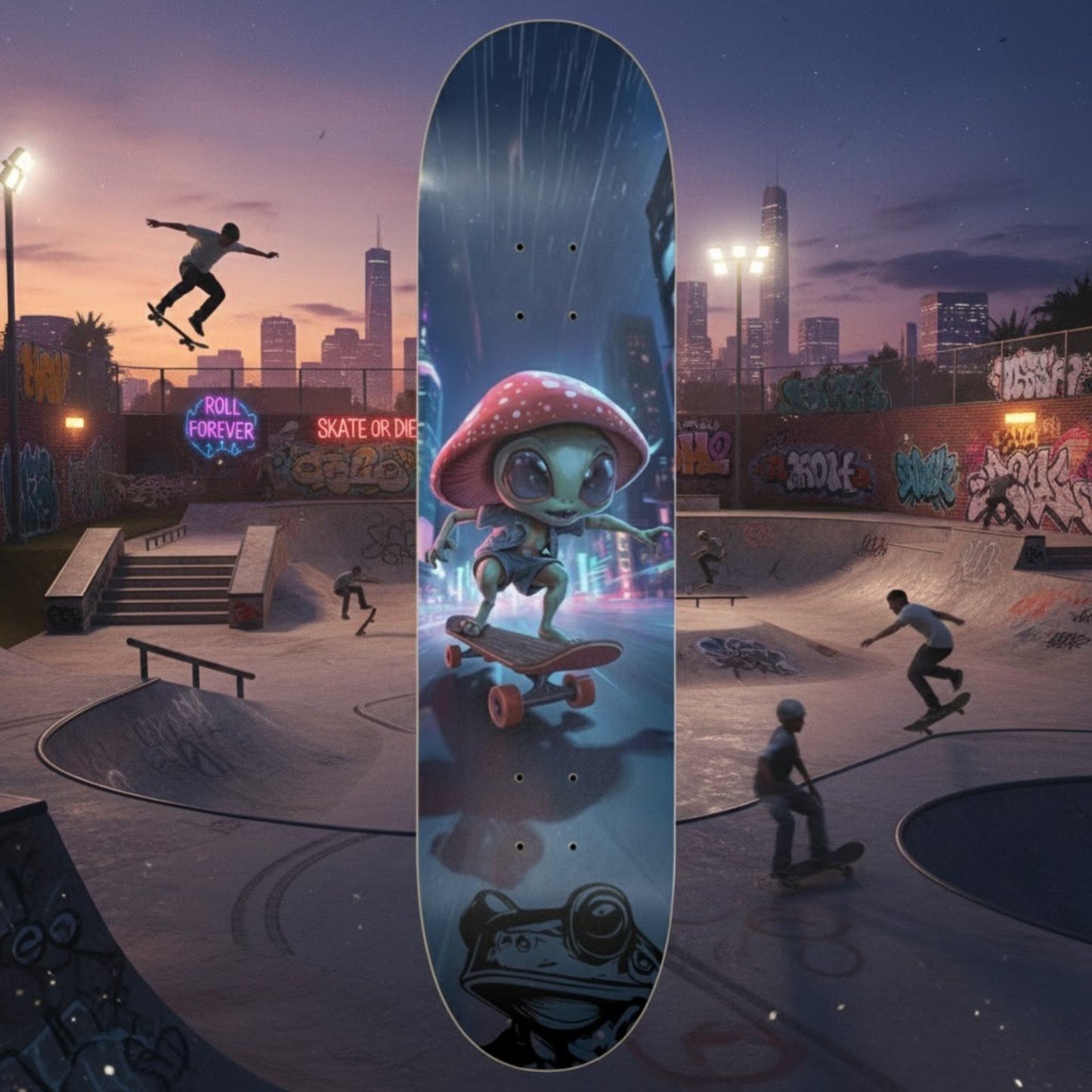 The one and only Bobble Alien Mushroom 8" skateboard deck by Paddle Frogs