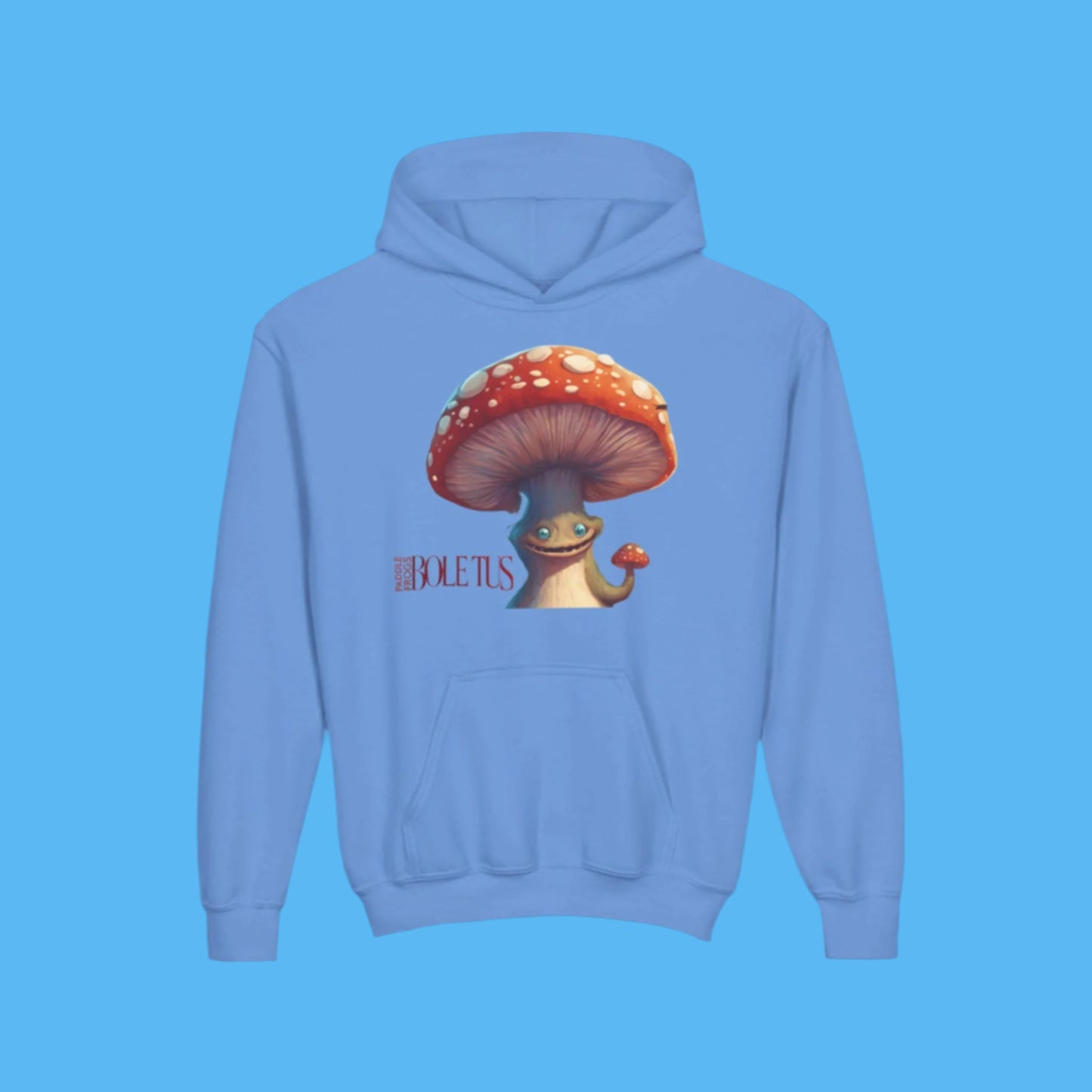 Boletus Blue hoodie Paddle Frogs character mushroom with pockets, hood and Boletus on front and back of your new hooded sweatshirt
