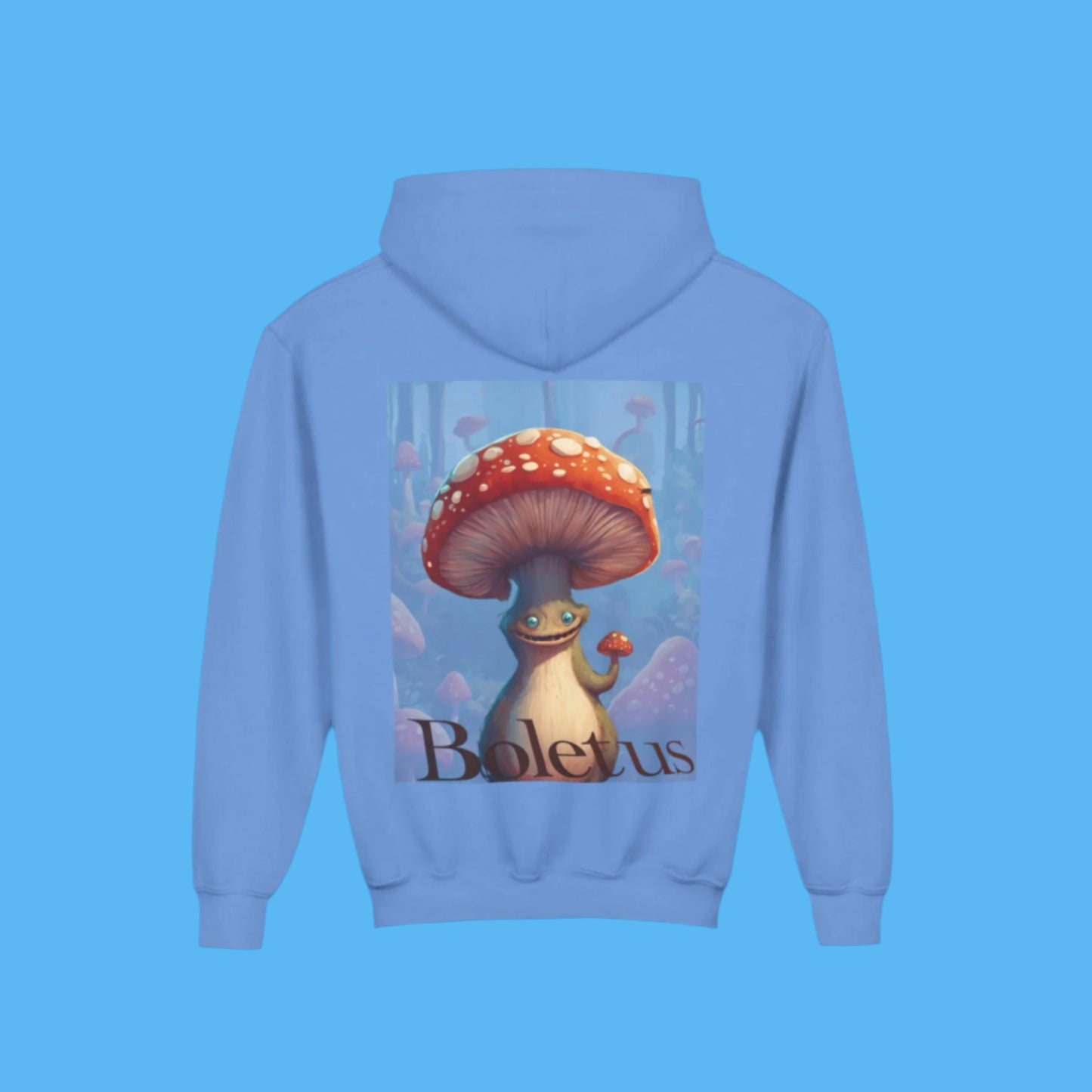 Boletus Blue hoodie Paddle Frogs mushroom character. Kangaroo Pocket, Hood, Cozy, kids and young adults, youth hooded jacket coat in bright blue for you