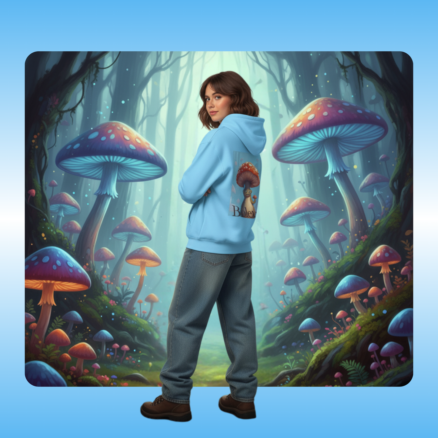 Boletus | Fleece Pullover Hoodie Eco-Friendly & Cozy | Paddle Frogs™ Magic Mushroom Forest lady enters | Person wearing a hoodie with mushroom design in a fantasy forest