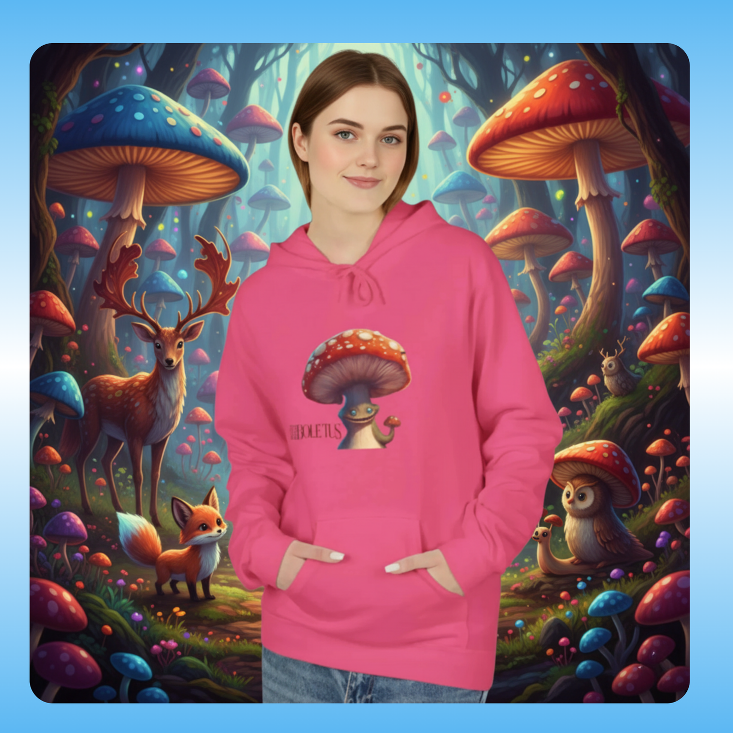 Boletus | Fleece Pullover Hoodie Eco-Friendly & Cozy | Paddle Frogs™ Magic Mushroom Forest lady enters and sees
