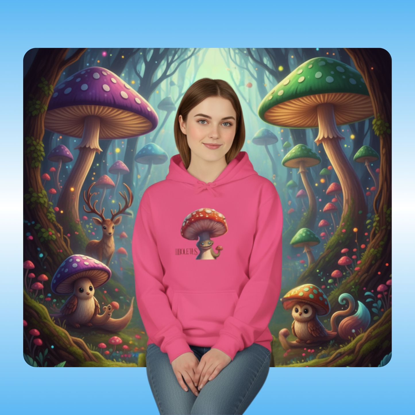 Boletus | Fleece Pullover Hoodie Eco-Friendly & Cozy | Paddle Frogs™ Magic Mushroom Forest lady enters and sees creatures young woman wearing a pink hoodie with mushroom design in front of a fantasy forest background