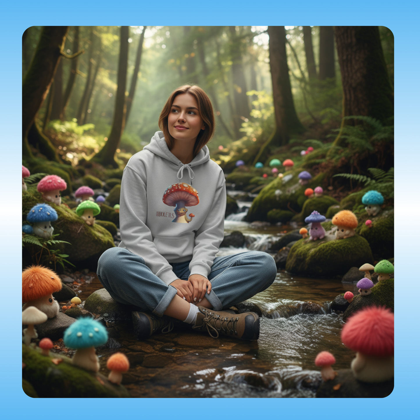 Boletus | Fleece Pullover Hoodie Eco-Friendly & Cozy | Paddle Frogs™ Magic Mushroom Forest lady enters and sees creatures but finds peace and loves them sitting in a stream | Woman sitting in a forest with colorful mushrooms and a hoodie with a mushroom design.