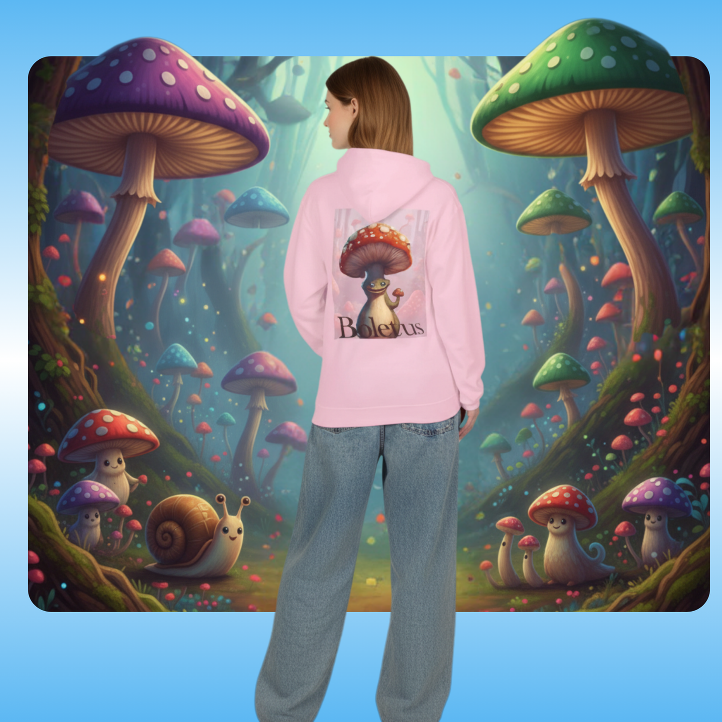Boletus | Fleece Pullover Hoodie Eco-Friendly & Cozy | Paddle Frogs™ Magic Mushroom Forest lady enters and sees creatures light pink | Young lady wearing a pink hoodie with mushroom design in front of a colorful mushroom forest