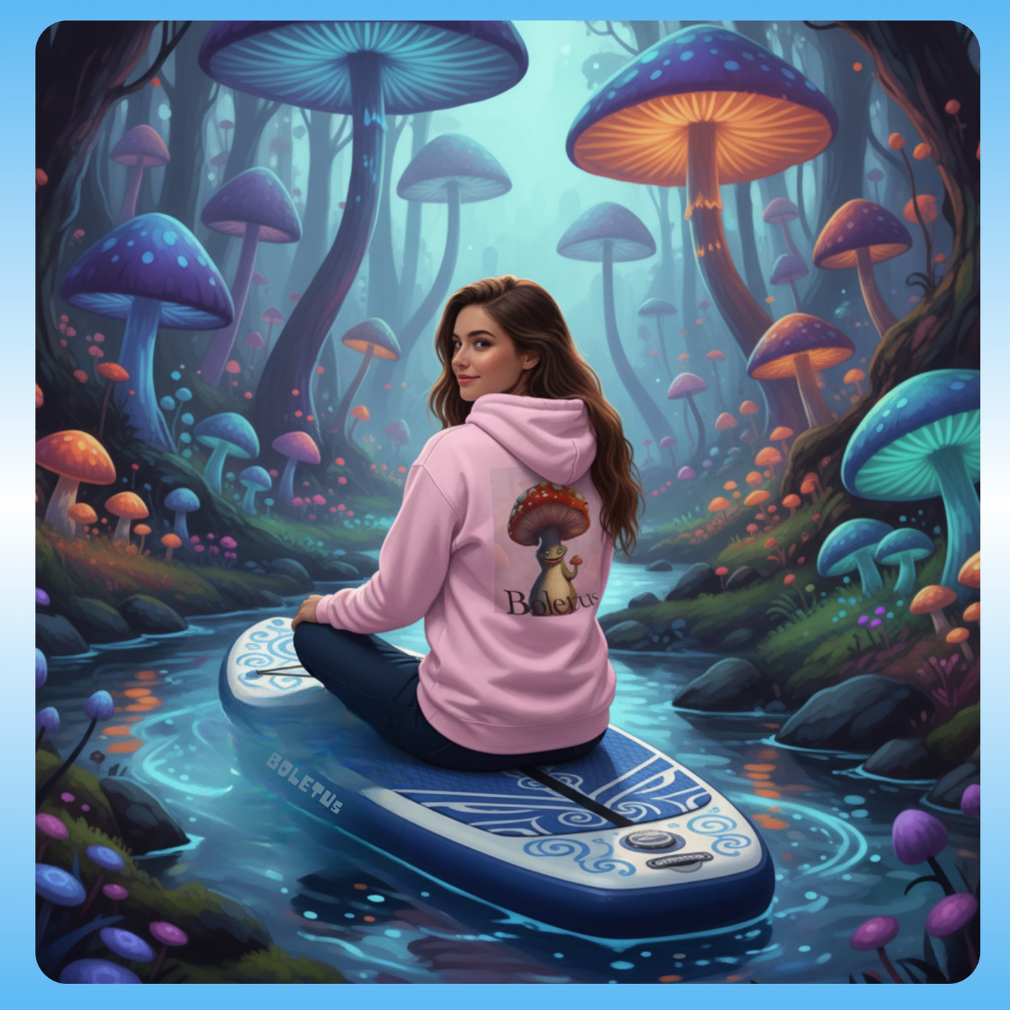 Boletus | Fleece Pullover Hoodie Eco-Friendly & Cozy | Paddle Frogs™ Magic Mushroom Forest lady enters and sees creatures light pink Paddle Boarding | Woman in pink hoodie with mushroom design on a paddleboard in a fantasy forest