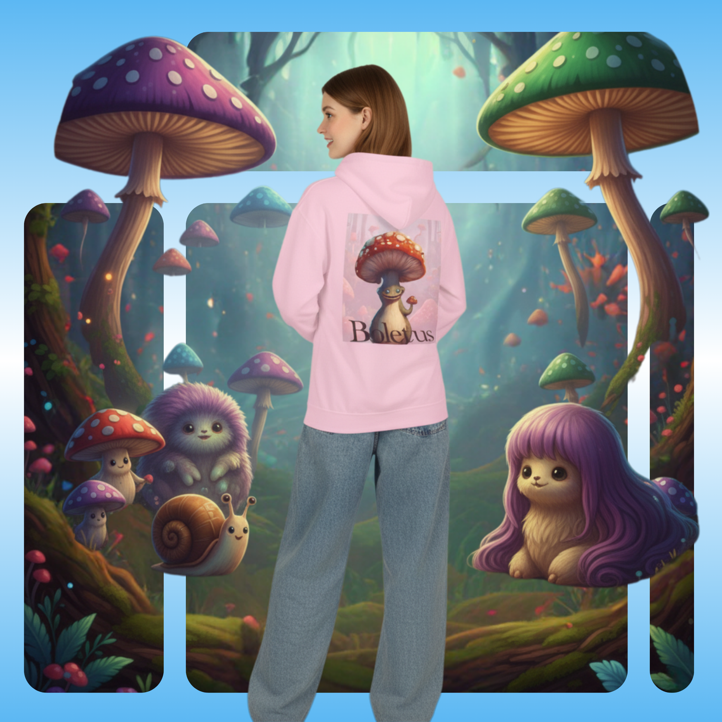 Boletus | Fleece Pullover Hoodie Eco-Friendly & Cozy | Paddle Frogs™ Magic Mushroom Forest lady enters and sees creatures light pink Puzzle Pieces | Person wearing a pink hoodie with a cartoon design of a snail and a creature with purple hair, standing in front of a colorful mushroom forest.