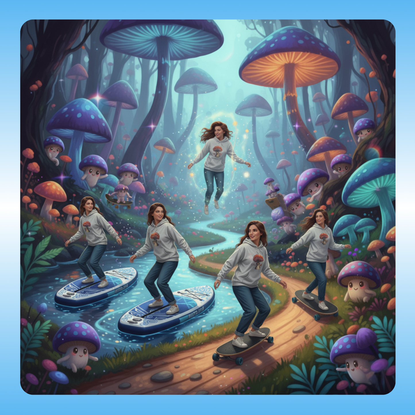 Boletus | Fleece Pullover Hoodie Eco-Friendly & Cozy | Paddle Frogs™ Magic Mushroom Forest lady enters and sees creatures woman on Longboard Skateboard and paddle boarding backwards | Illustration of people skateboarding through a fantasy forest with oversized mushrooms.