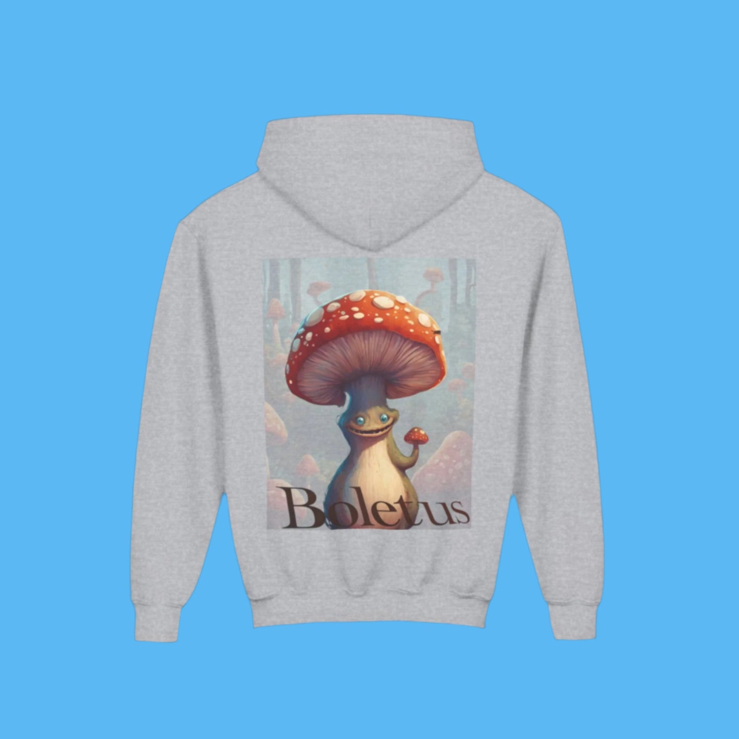 Boletus Gray hoodie Paddle Frogs mushroom character. Kangaroo Pocket, Hood, Cozy, kids and young adults, youth hooded jacket coat in Grey