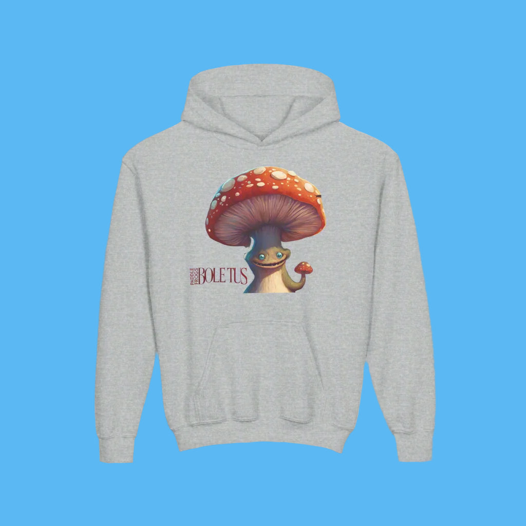 Boletus Gray hoodie Paddle Frogs mushroom character w/ fine graphic on front and back Pockets, Hood, comfortable children and youth jacket