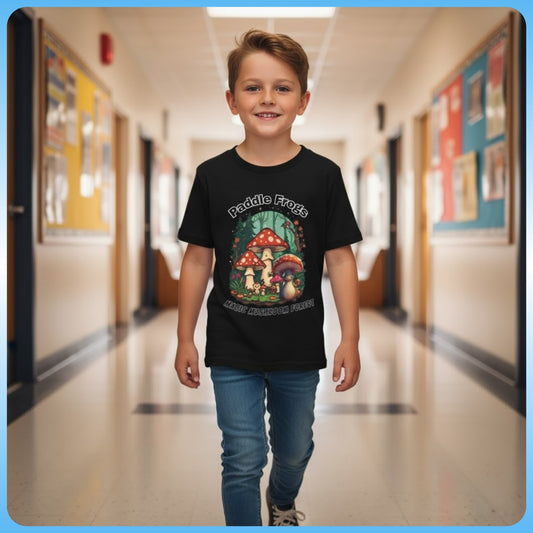 Boletus | Paddle Frogs Kids Tee boy in black at school
