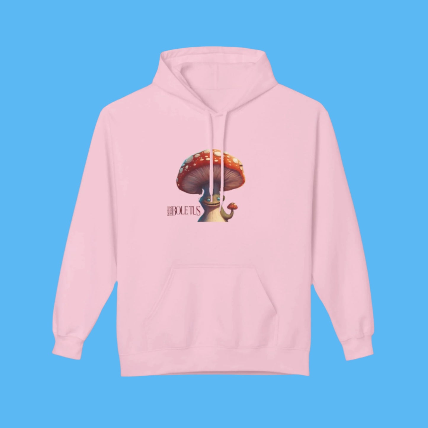 Boletus Pink Hoodie Paddle Frogs mushroom character graphic hooded jacket with pockets, Boletus on front and back chill pink sweatshirt