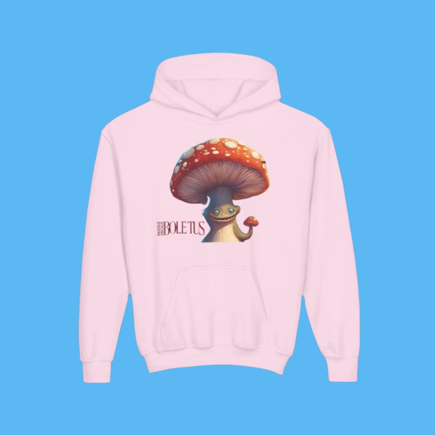 Boletus Pink hoodie Paddle Frogs mushroom graphic with kangaroo pocket, a cozy hood, perfect for the kid that skateboards, paddle boards, searches for rocks and waterfalls.
