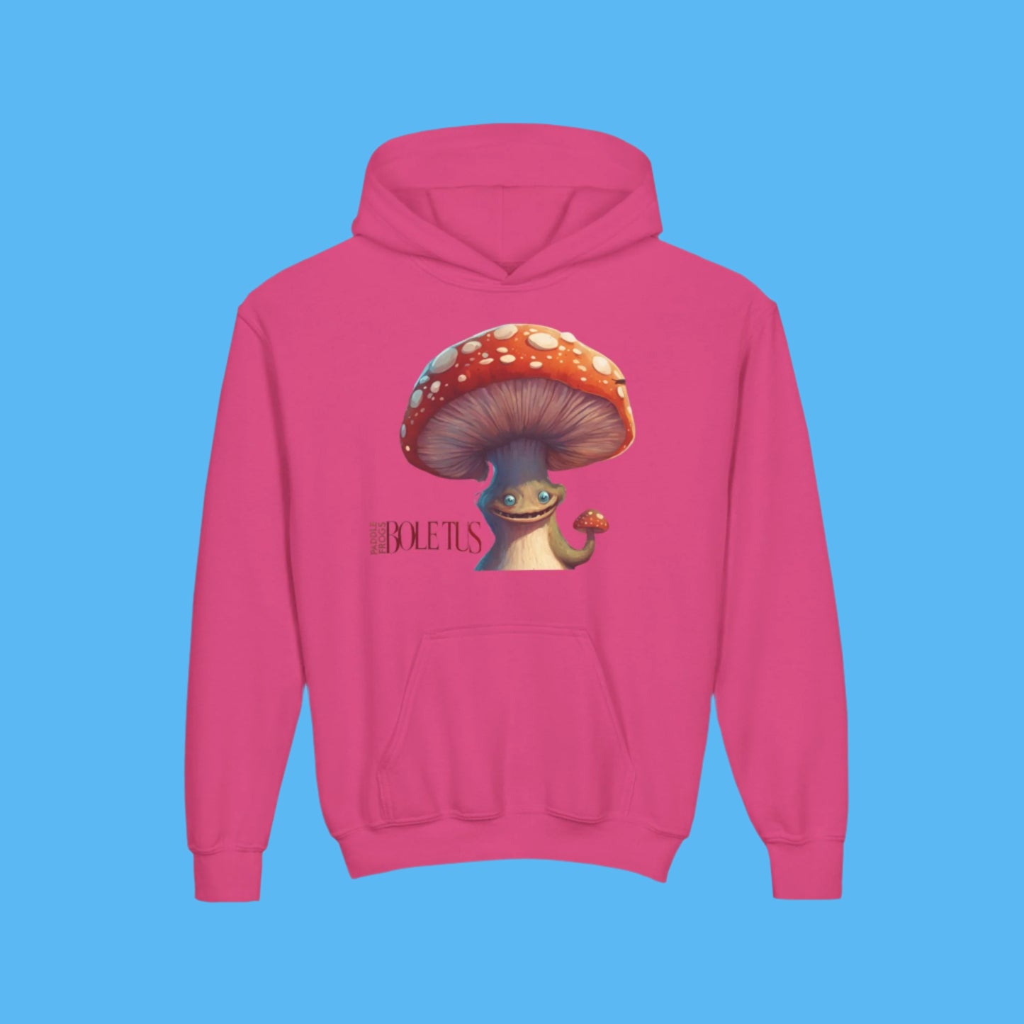 Boletus bright Pink hoodie Paddle Frogs mushroom character. Kangaroo Pocket, Hood, Cozy, kids and young adults, youth hooded jacket coat